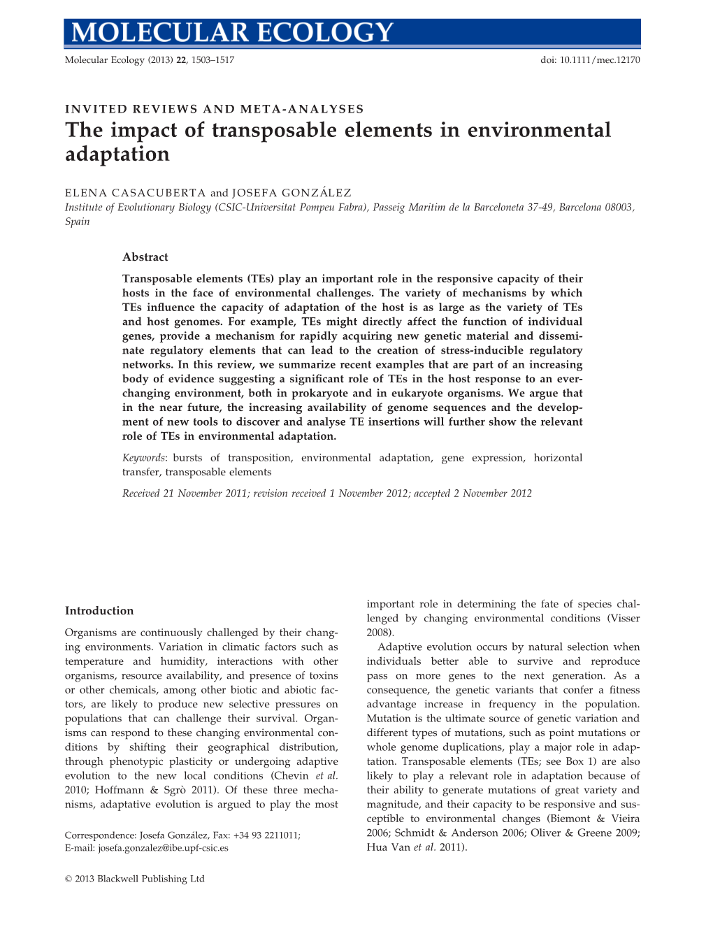 The Impact of Transposable Elements in Environmental Adaptation