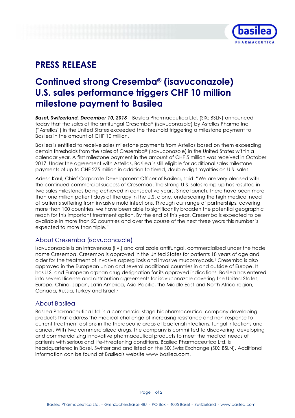 PRESS RELEASE Continued Strong Cresemba® (Isavuconazole) U.S