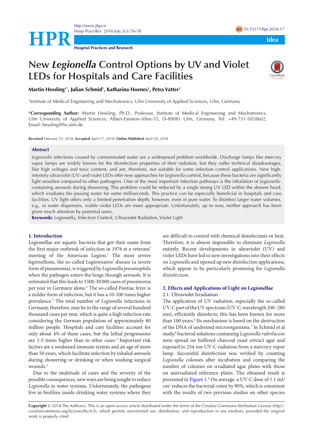 New Legionella Control Options by UV and Violet Leds for Hospitals and Care Facilities