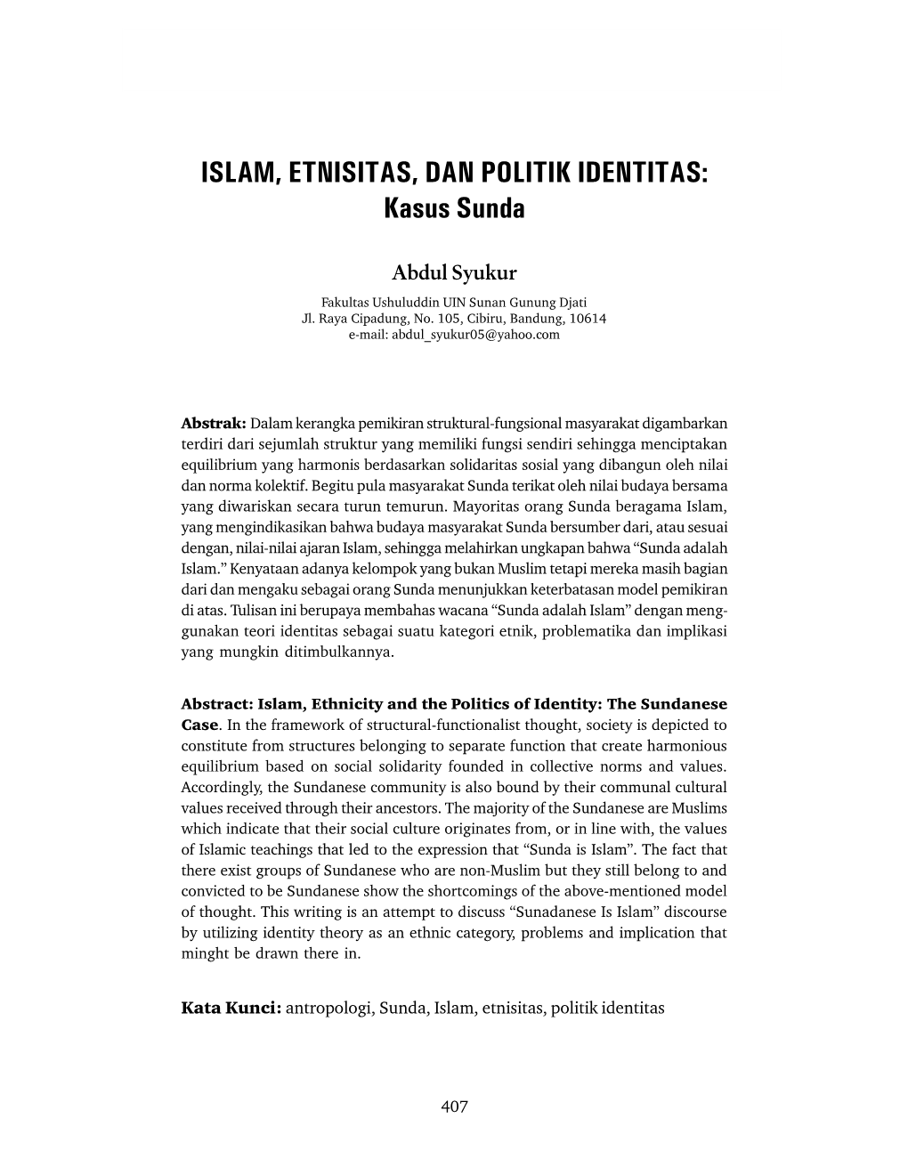 ISLAM, ETNISITAS, DAN POLITIK IDENTITAS: Kasus Sunda