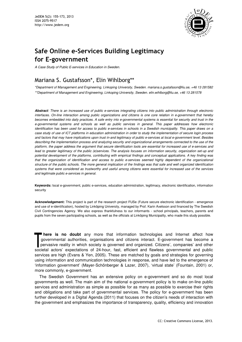 Safe Online E-Services Building Legitimacy for E-Government a Case Study of Public E-Services in Education in Sweden