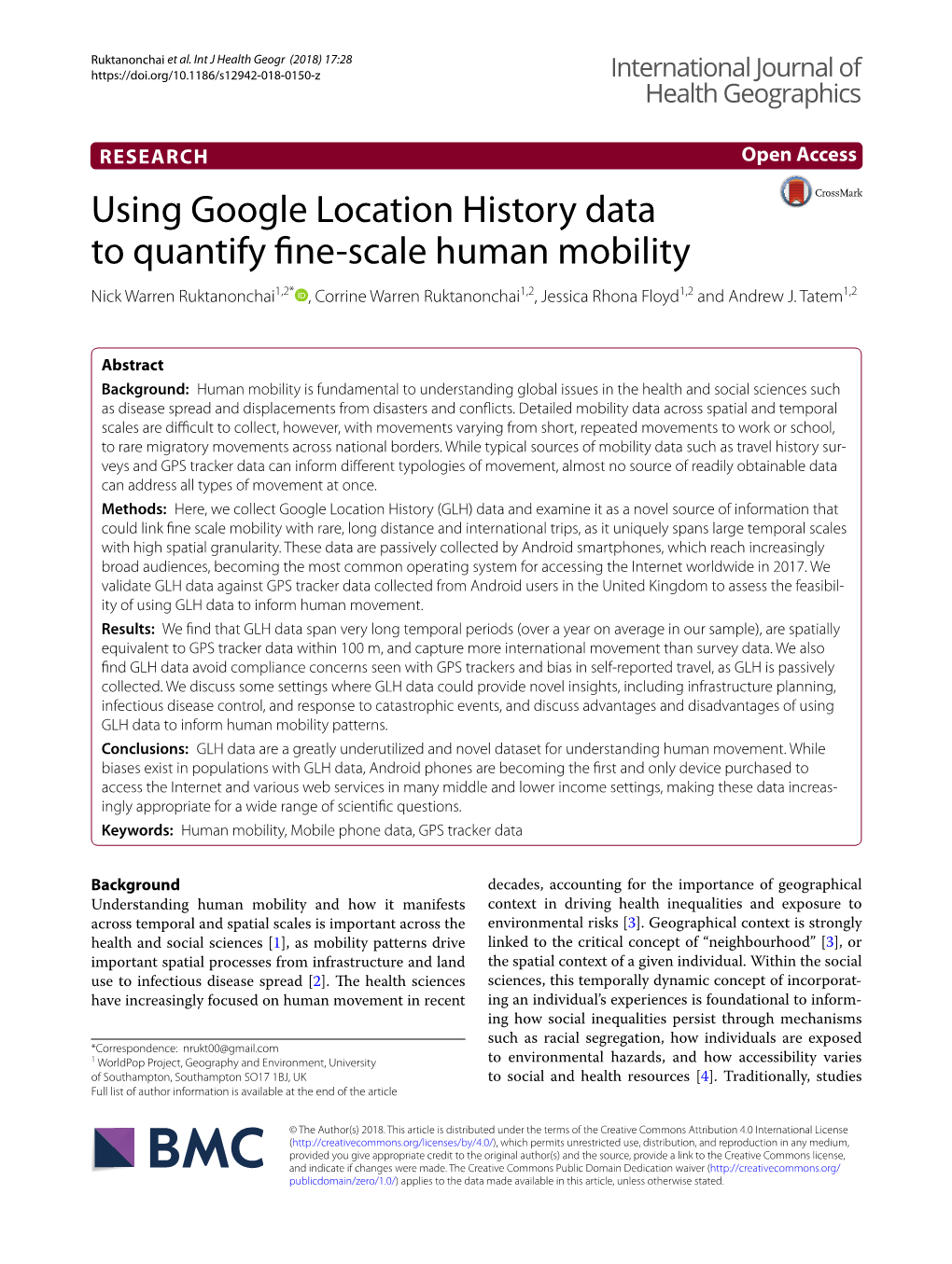 Using Google Location History Data to Quantify Fine-Scale Human Mobility