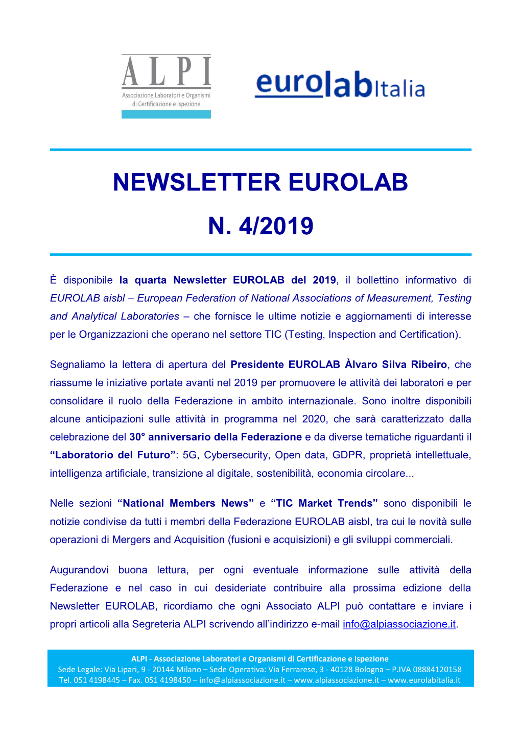 Newsletter Eurolab N. 4/2019