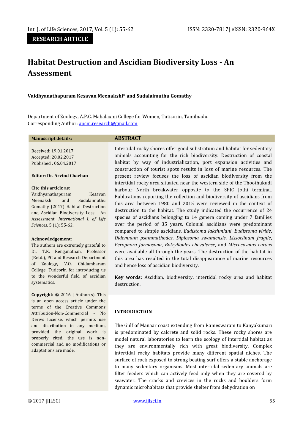 Habitat Destruction and Ascidian Biodiversity Loss - an Assessment