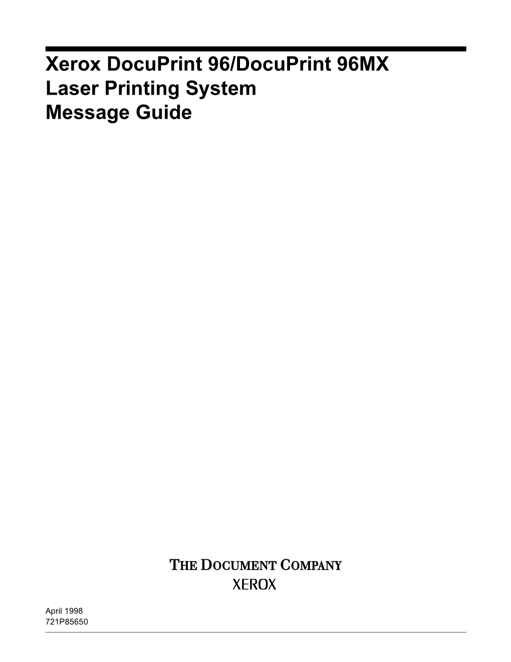 Xerox Docuprint 96/Docuprint 96MX Laser Printing System Message Guide