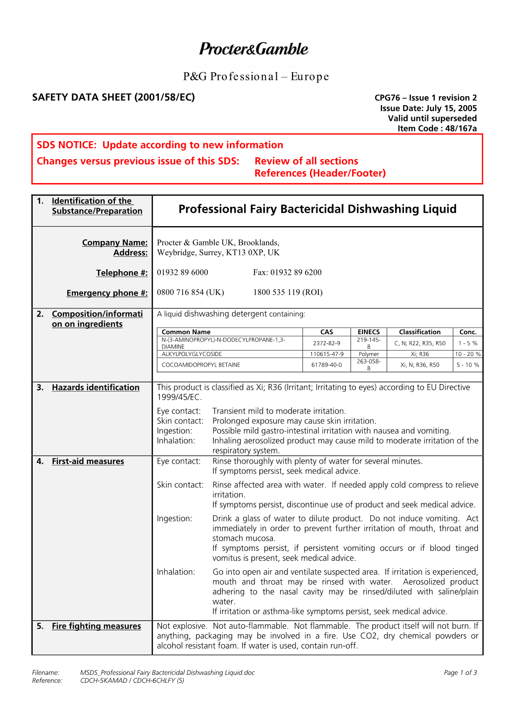 P&G Professional – Europe Professional Fairy Bactericidal Dishwashing Liquid