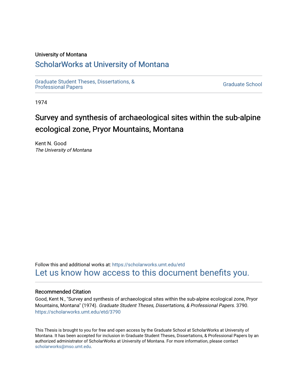 Survey and Synthesis of Archaeological Sites Within the Sub-Alpine Ecological Zone, Pryor Mountains, Montana