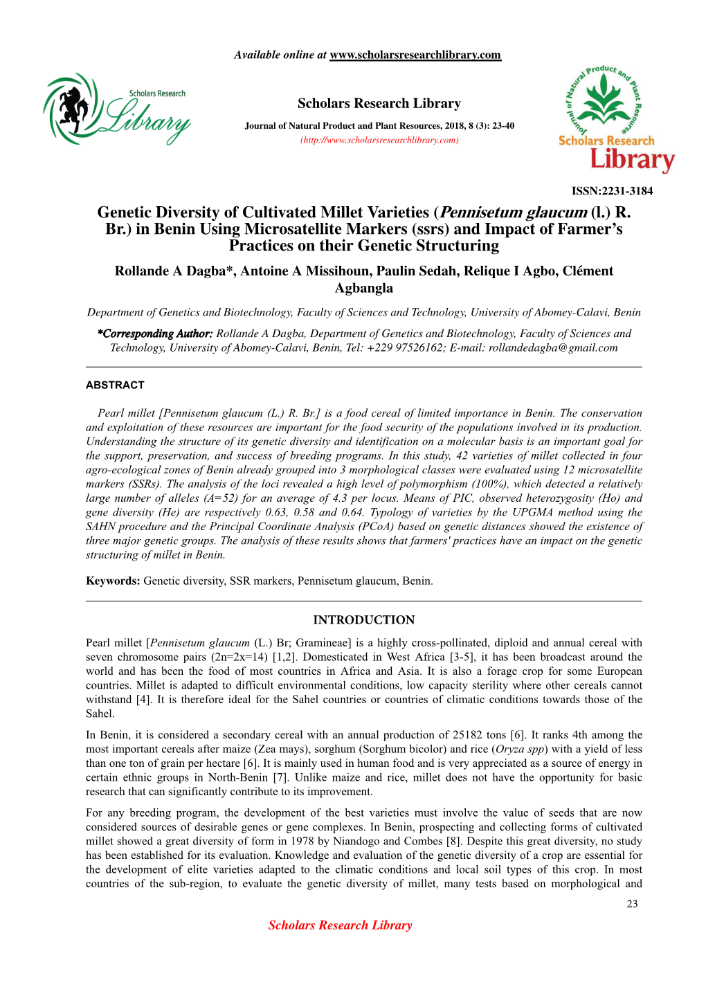 Genetic Diversity of Cultivated Millet Varieties (Pennisetum Glaucum (L.) R