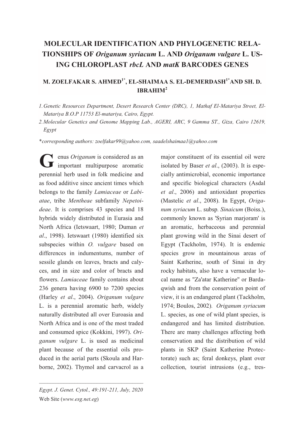 TIONSHIPS of Origanum Syriacum L. and Origanum Vulgare L. US- ING CHLOROPLAST Rbcl and Matk BARCODES GENES