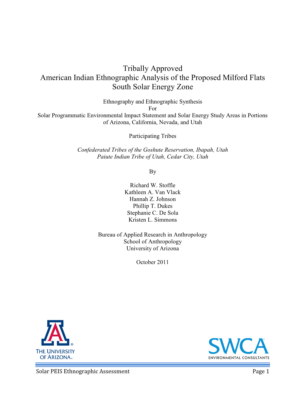 Tribally Approved American Indian Ethnographic Analysis of the Proposed Milford Flats South Solar Energy Zone