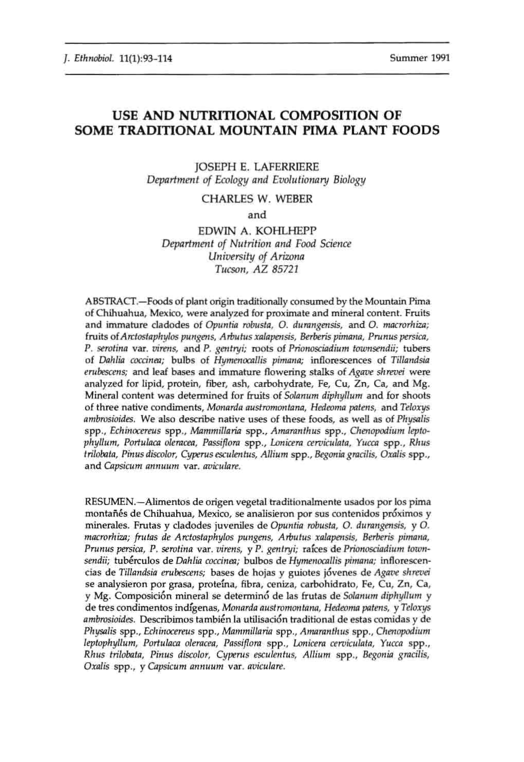 Use and Nutritional Composition of Some Traditional Mountain Pima Plant Foods