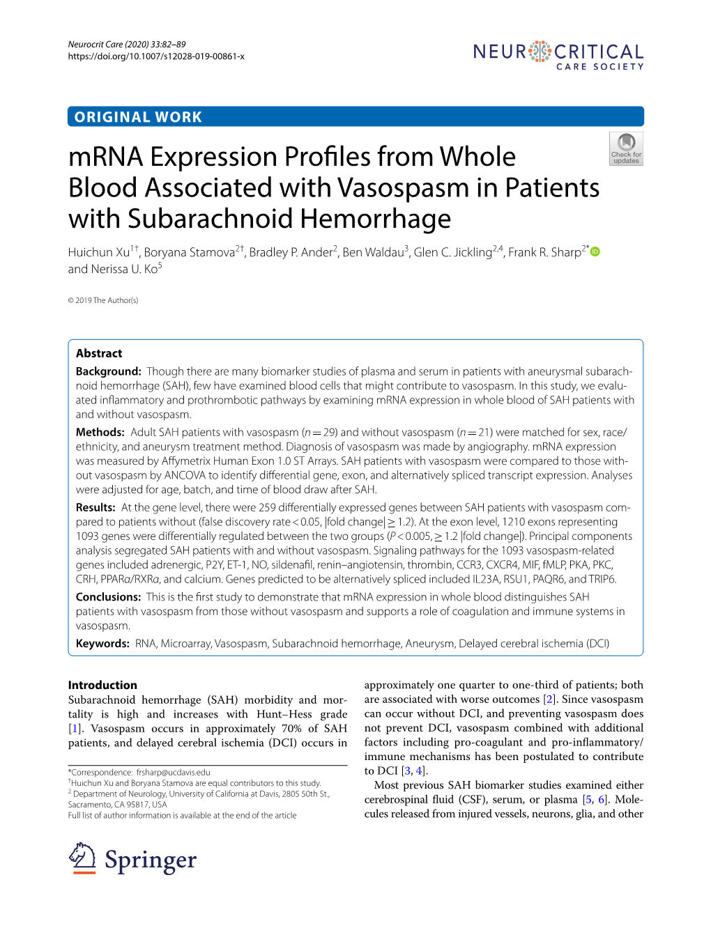 Mrna Expression Profiles from Whole Blood Associated with Vasospasm