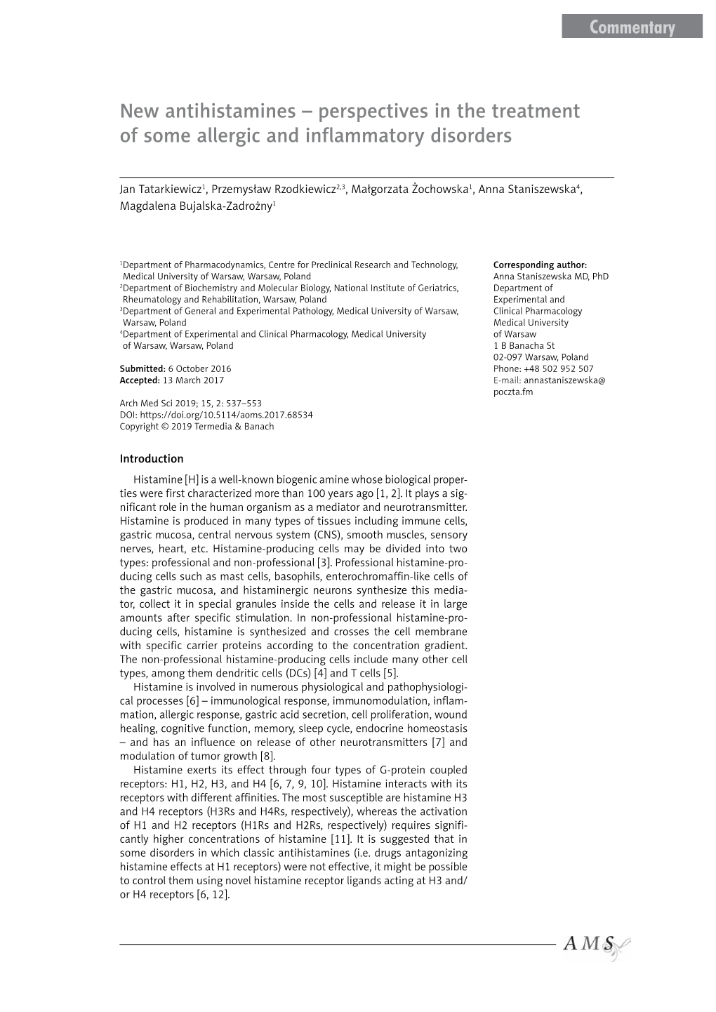 New Antihistamines – Perspectives in the Treatment of Some Allergic and Inflammatory Disorders