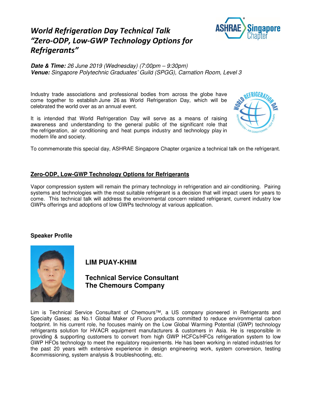 World Refrigeration Day Technical Talk “Zero-ODP, Low-GWP Technology Options for Refrigerants”