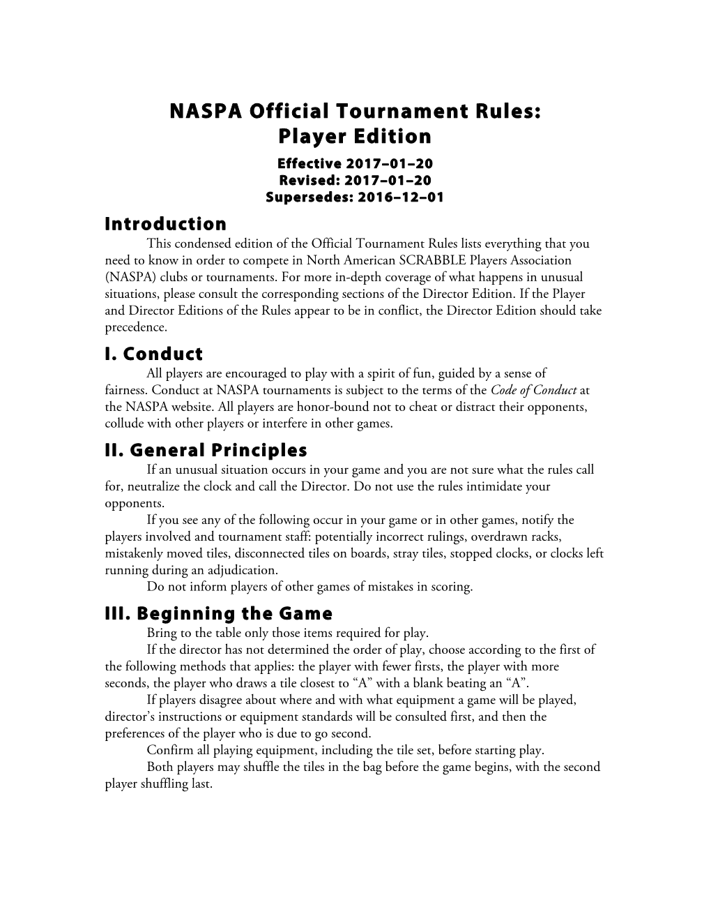 NASPA Official Tournament Rules: Player Edition