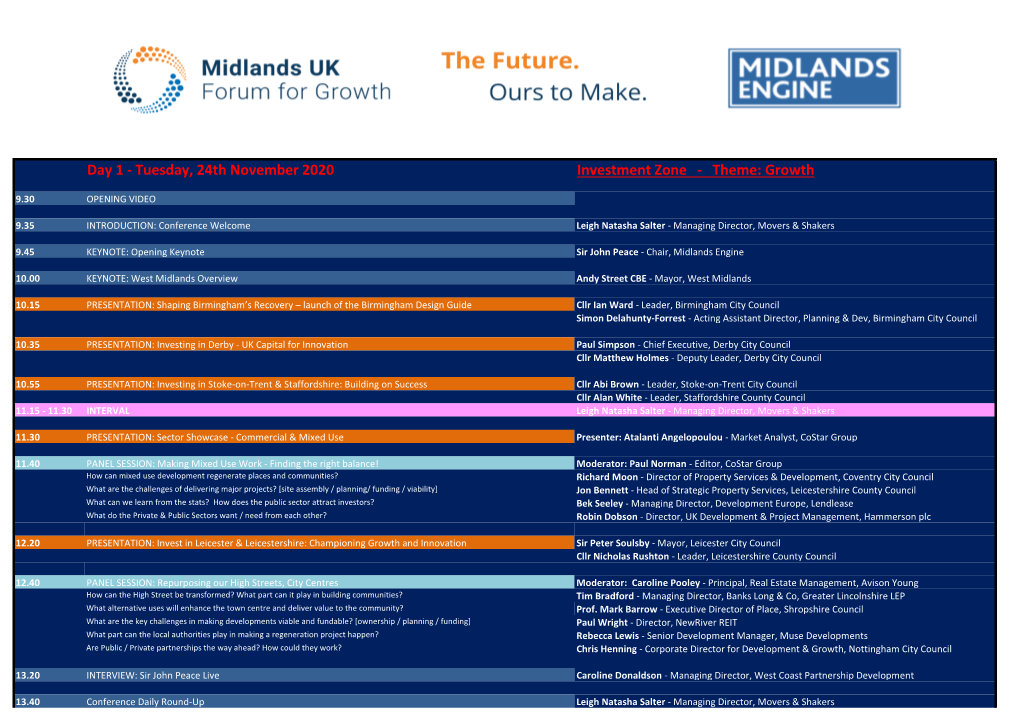 Day 1 - Tuesday, 24Th November 2020 Investment Zone - Theme: Growth