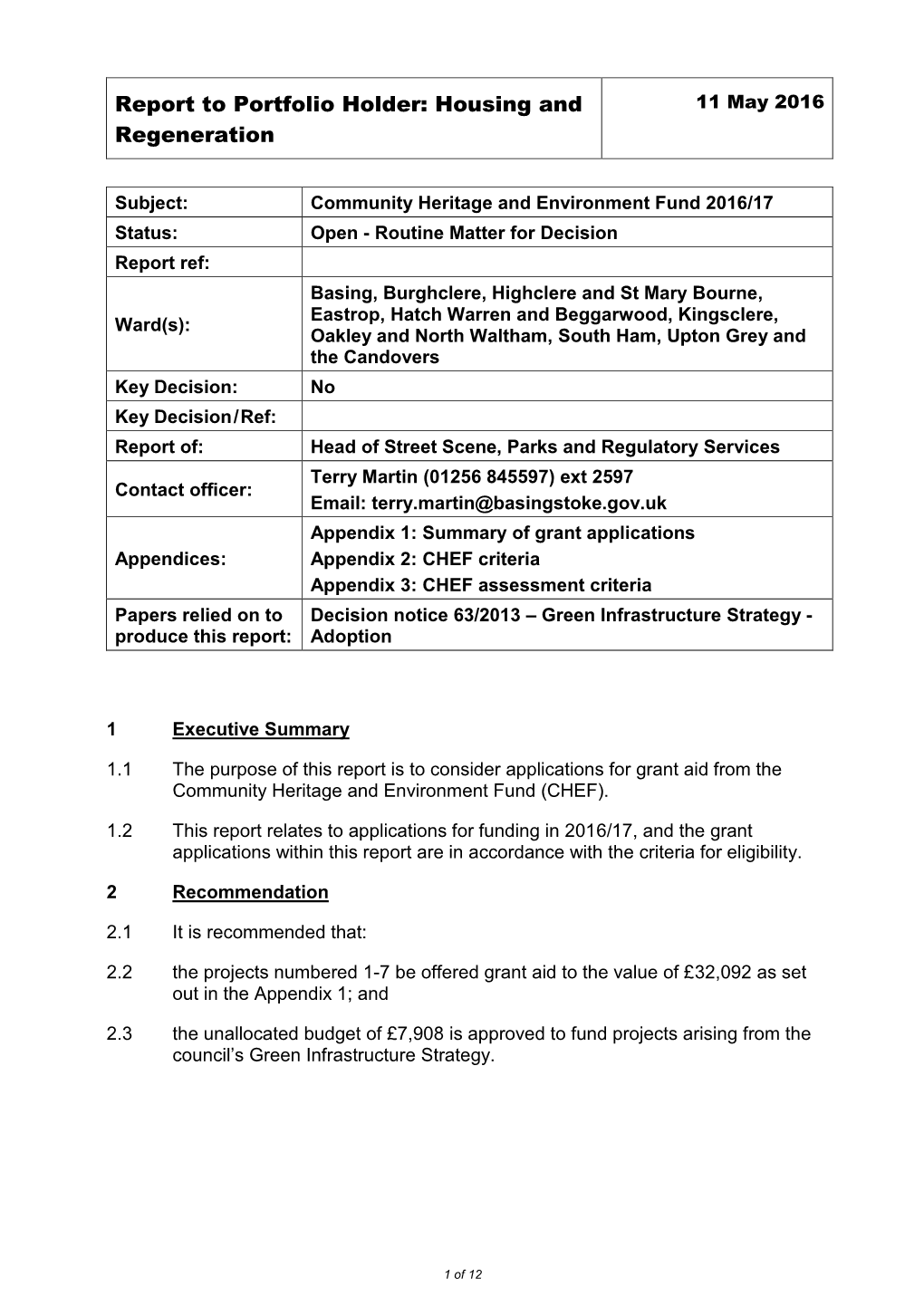 Report to Portfolio Holder: Housing and 11 May 2016 Regeneration