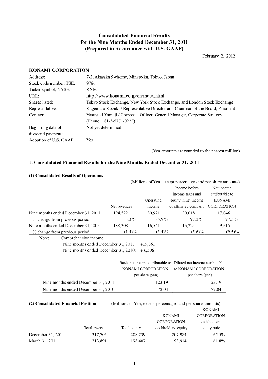 Consolidated Financial Results for the Nine Months Ended December 31, 2011 (Prepared in Accordance with U.S