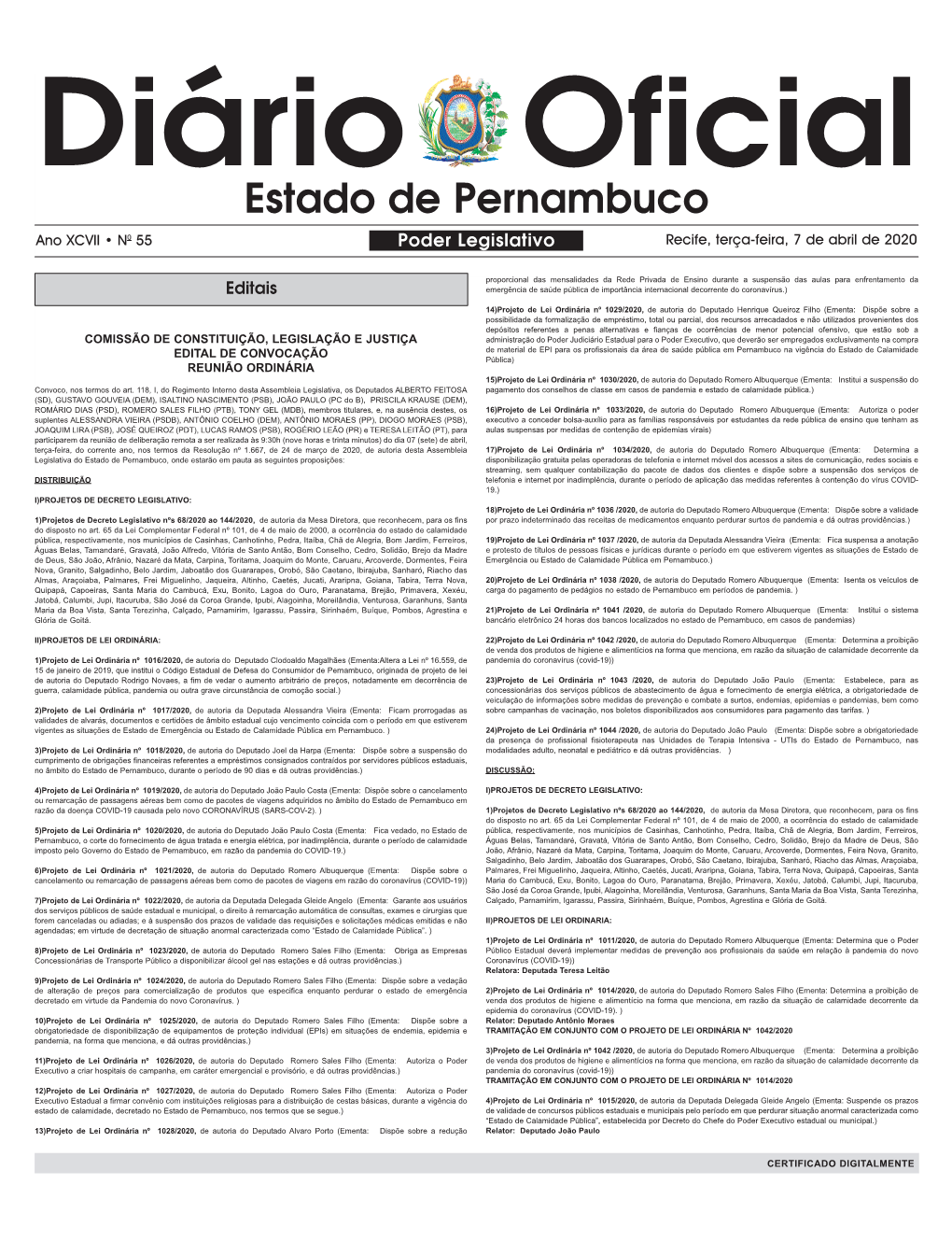 Estado De Pernambuco Ano XCVII • N0 55 Poder Legislativo Recife, Terça-Feira, 7 De Abril De 2020