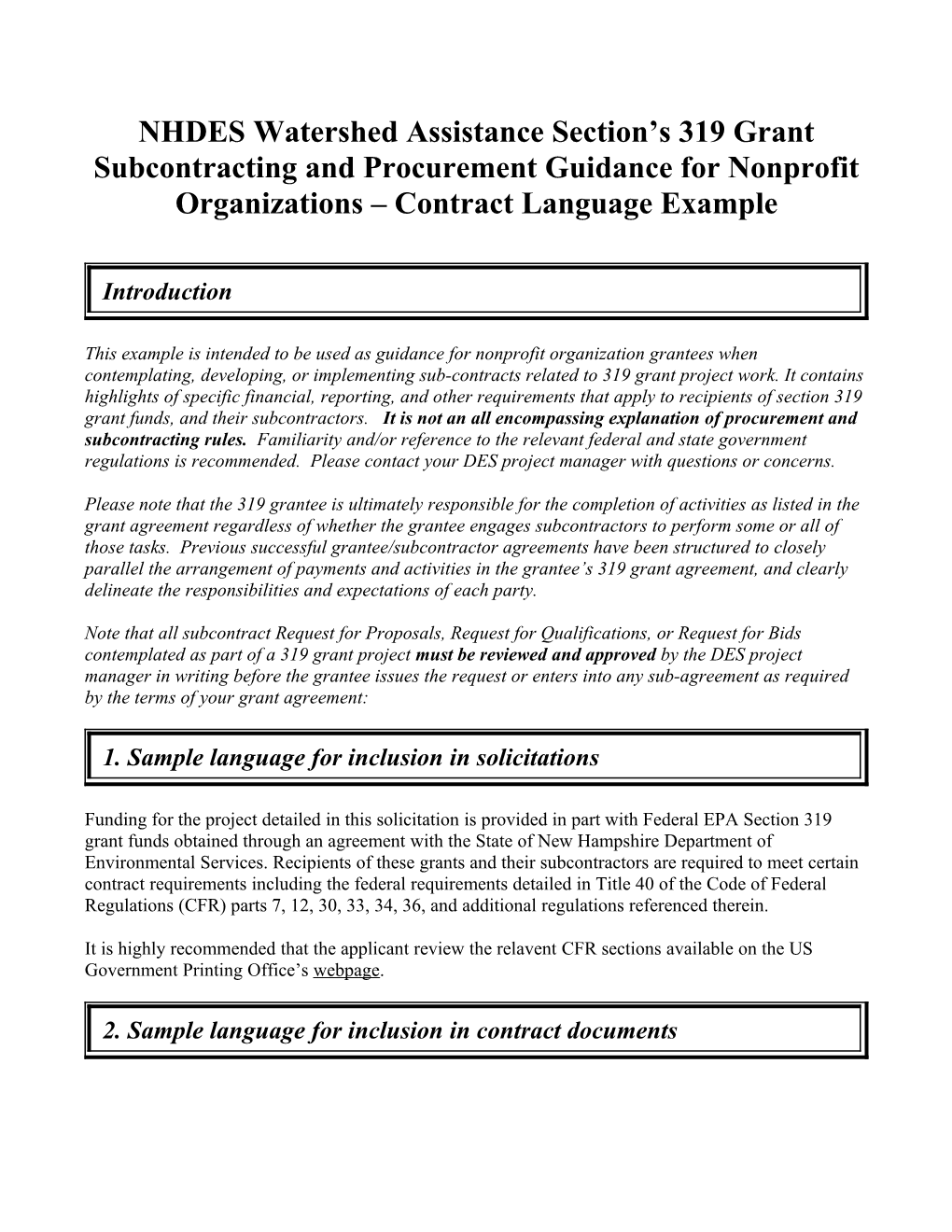 NHDES Watershed Assistance Section S 319 Grant Subcontracting and Procurement Guidance