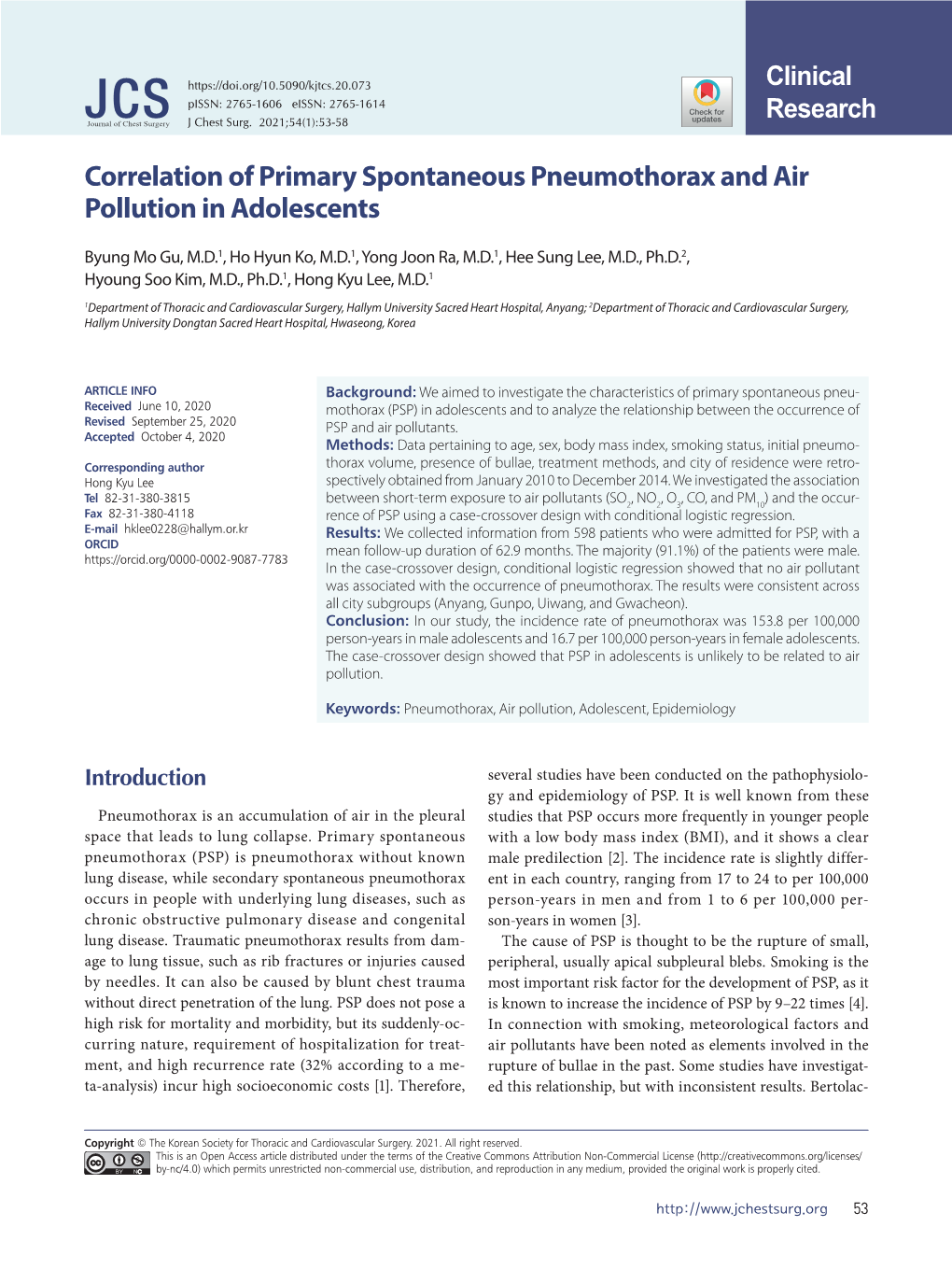 Correlation of Primary Spontaneous Pneumothorax and Air Pollution in Adolescents