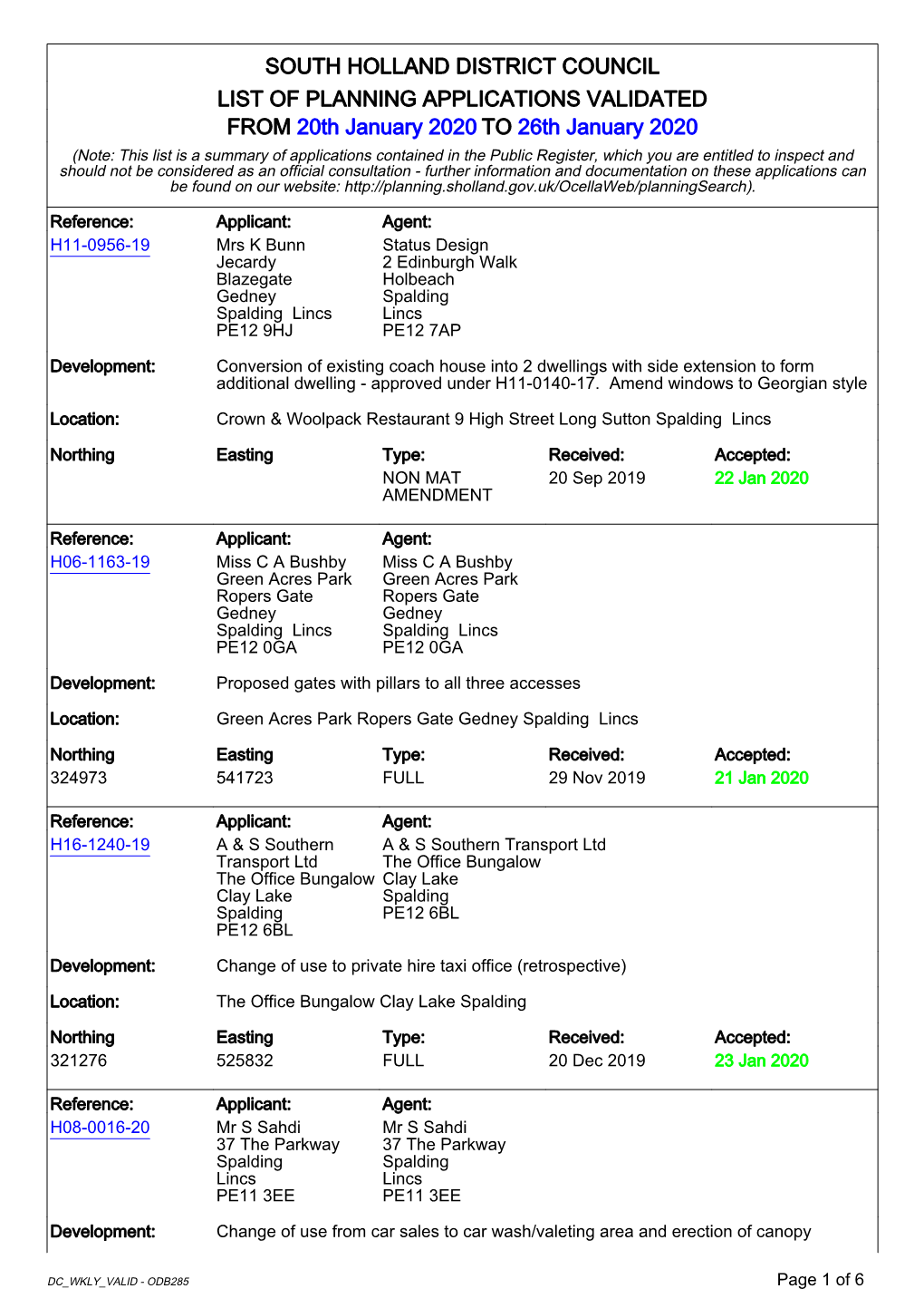 South Holland District Council List of Planning