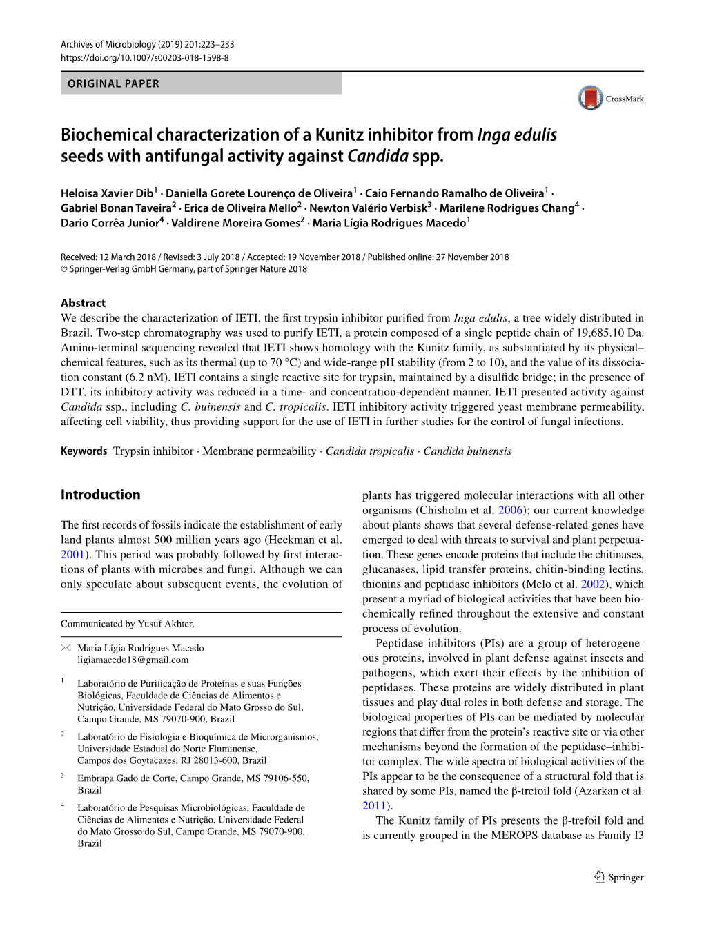Biochemical Characterization of a Kunitz Inhibitor from Inga Edulis Seeds with Antifungal Activity Against Candida Spp