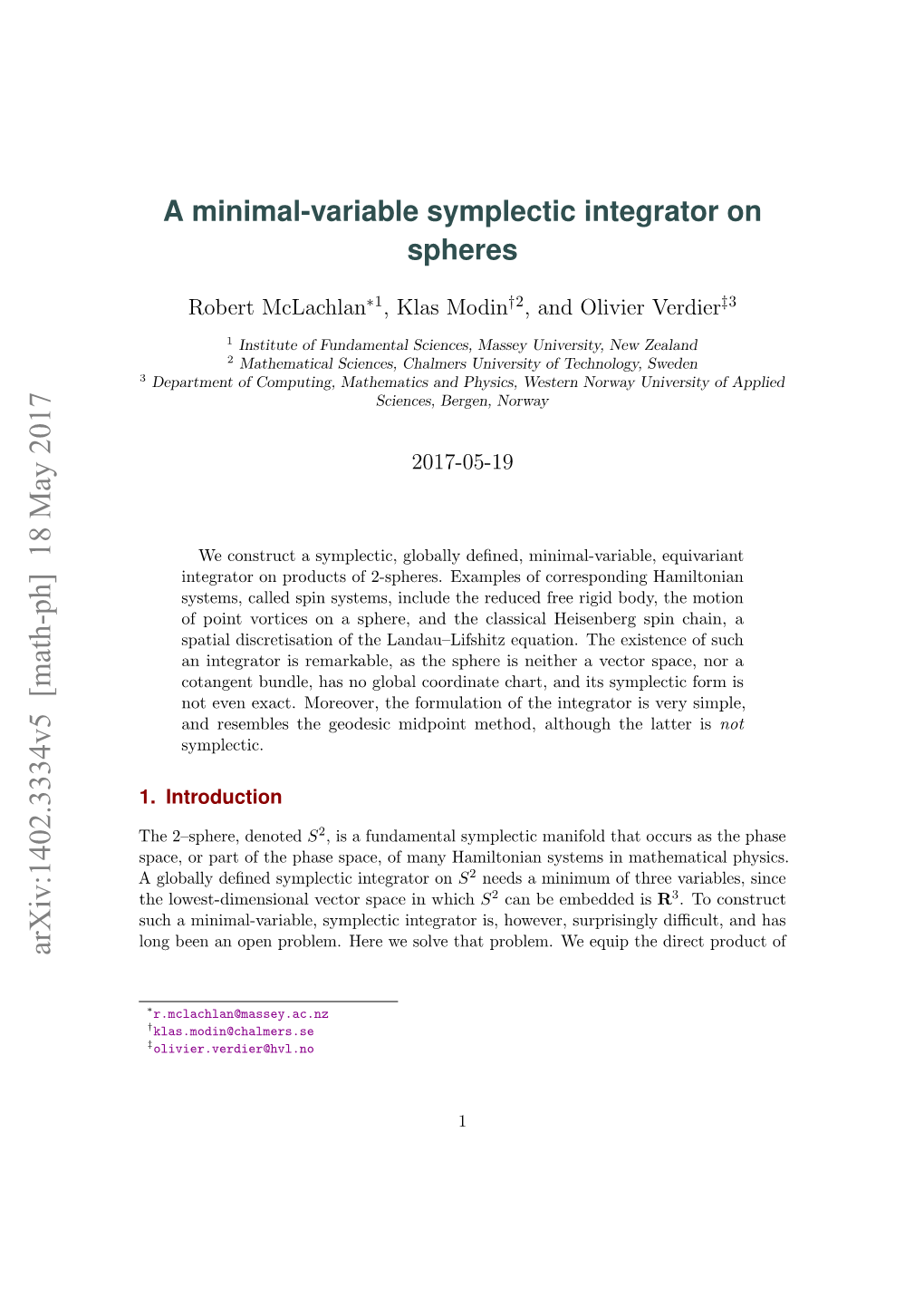 A Minimal-Variable Symplectic Integrator on Spheres