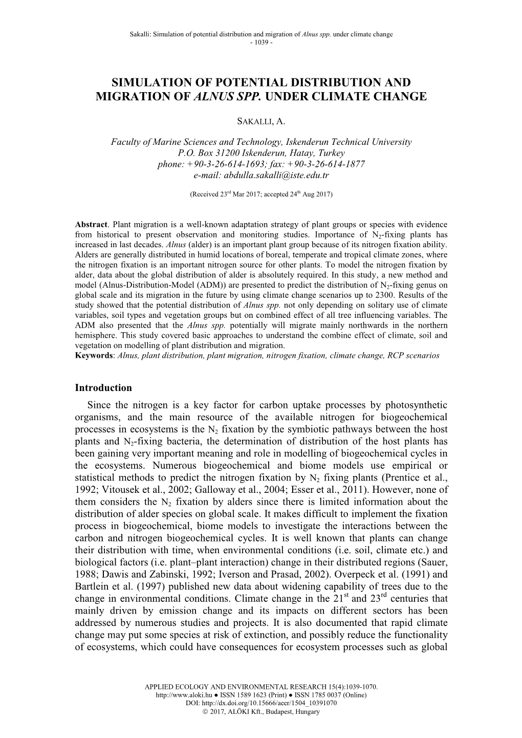 Simulation of Potential Distribution and Migration of Alnus Spp. Under Climate Change - 1039