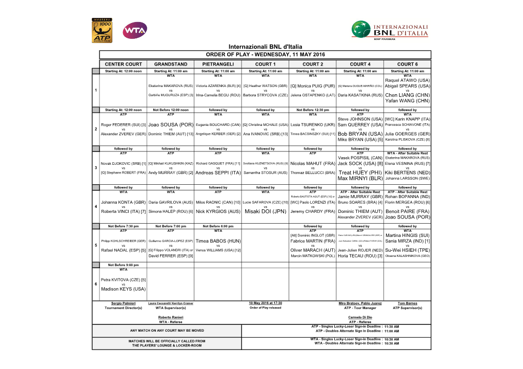 Internazionali BNL D'italia ORDER of PLAY - WEDNESDAY, 11 MAY 2016