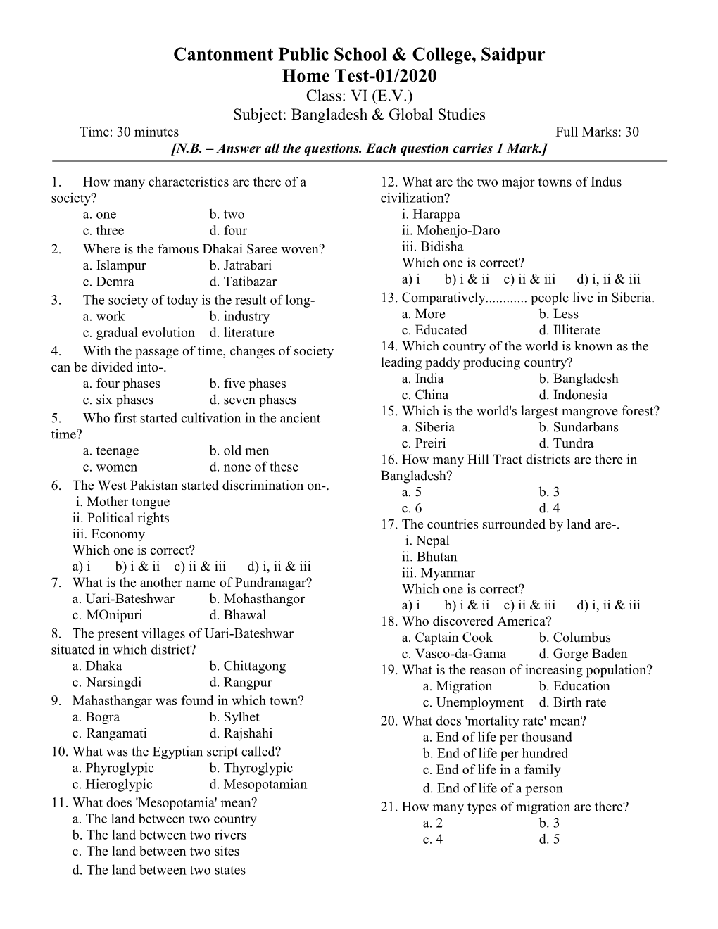 Cantonment Public School & College, Saidpur Home Test-01/2020