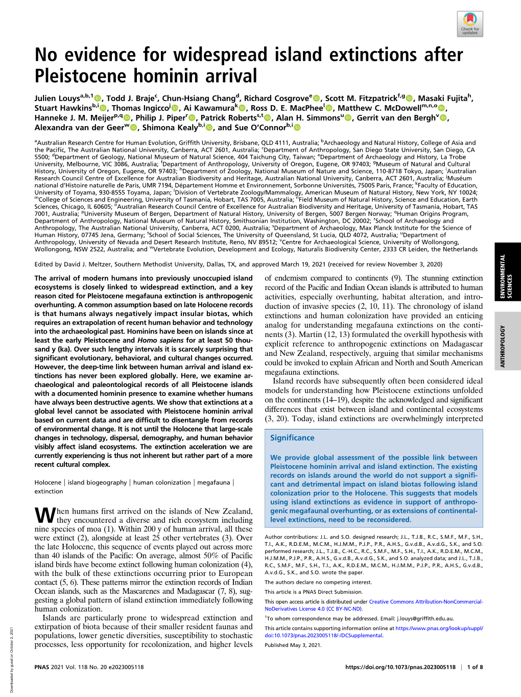 No Evidence for Widespread Island Extinctions After Pleistocene Hominin Arrival