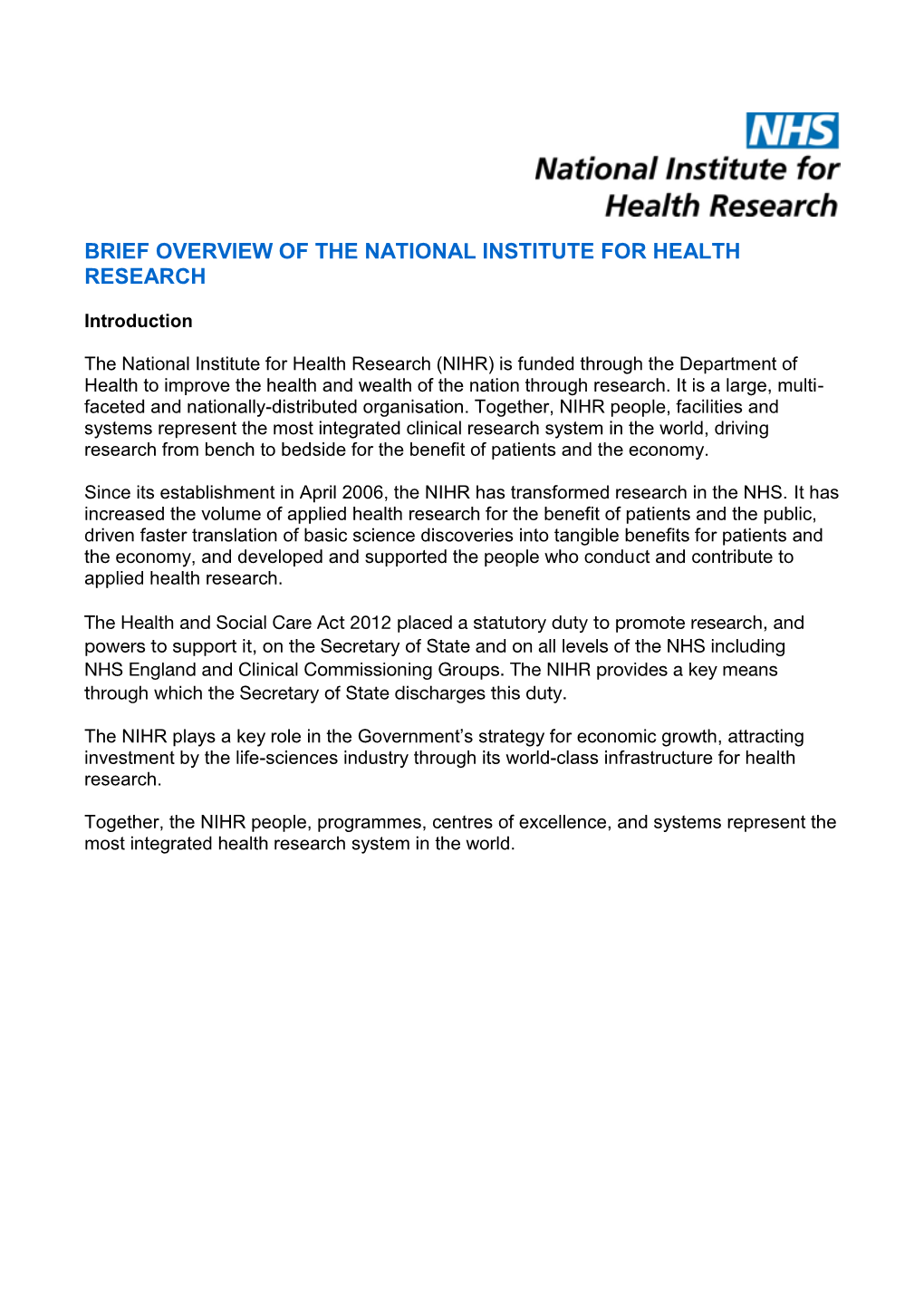 Brief Overview of the National Institute for Health Research