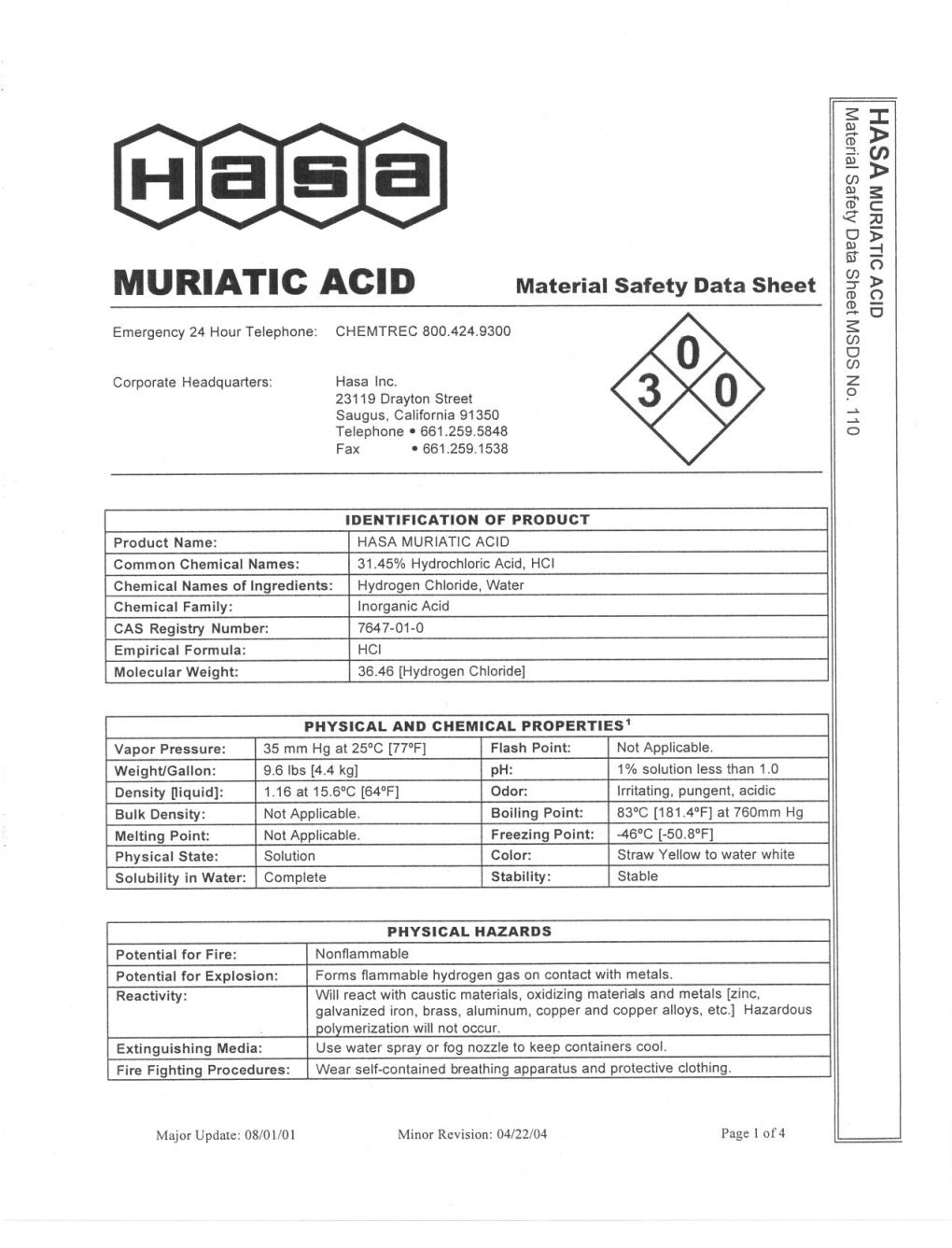 MURIATIC ACID Material Safety Data Sheet CD-:TO ~O S: Emergency 24 Hour Telephone: CHEMTREC 800.424.9300 (J) 0 (J) Hasa Inc