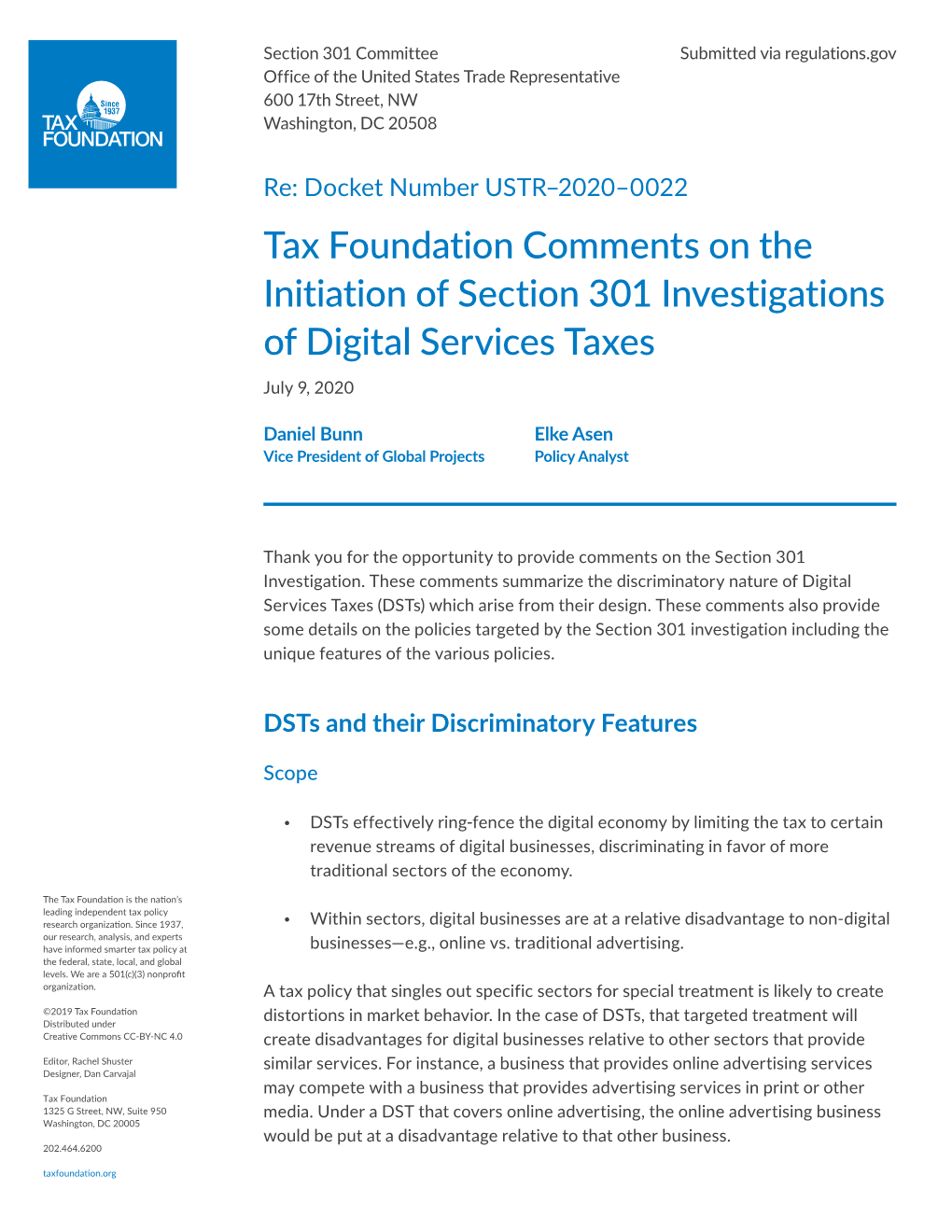 Tax Foundation Comments on the Initiation of Section 301 Investigations of Digital Services Taxes July 9, 2020