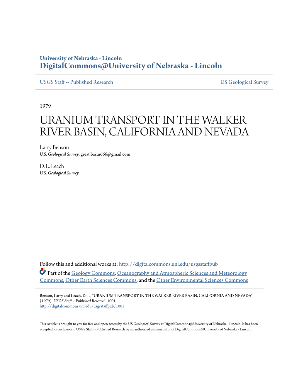 URANIUM TRANSPORT in the WALKER RIVER BASIN, CALIFORNIA and NEVADA Larry Benson U.S