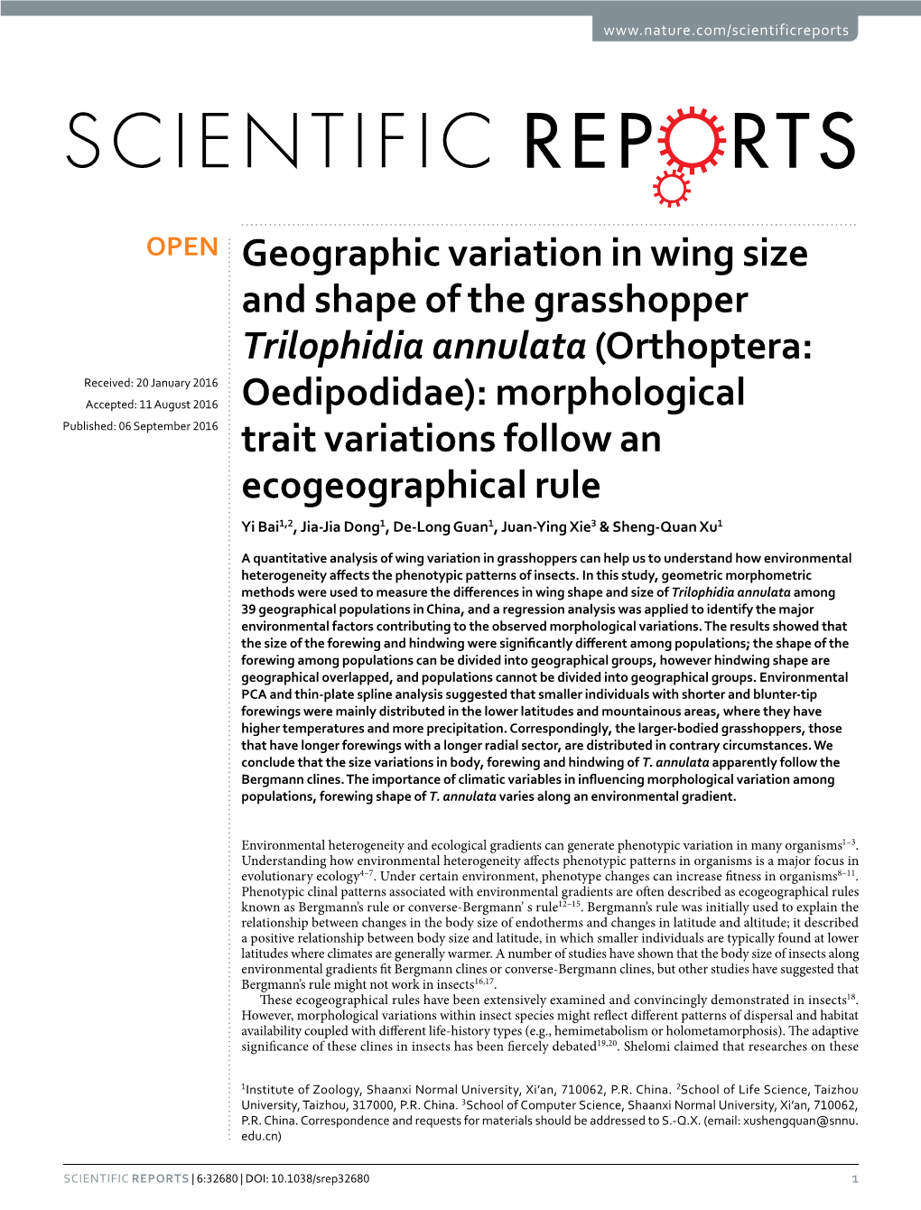 Orthoptera: Oedipodidae): Morphological Trait Variations Follow an Ecogeographical Rule