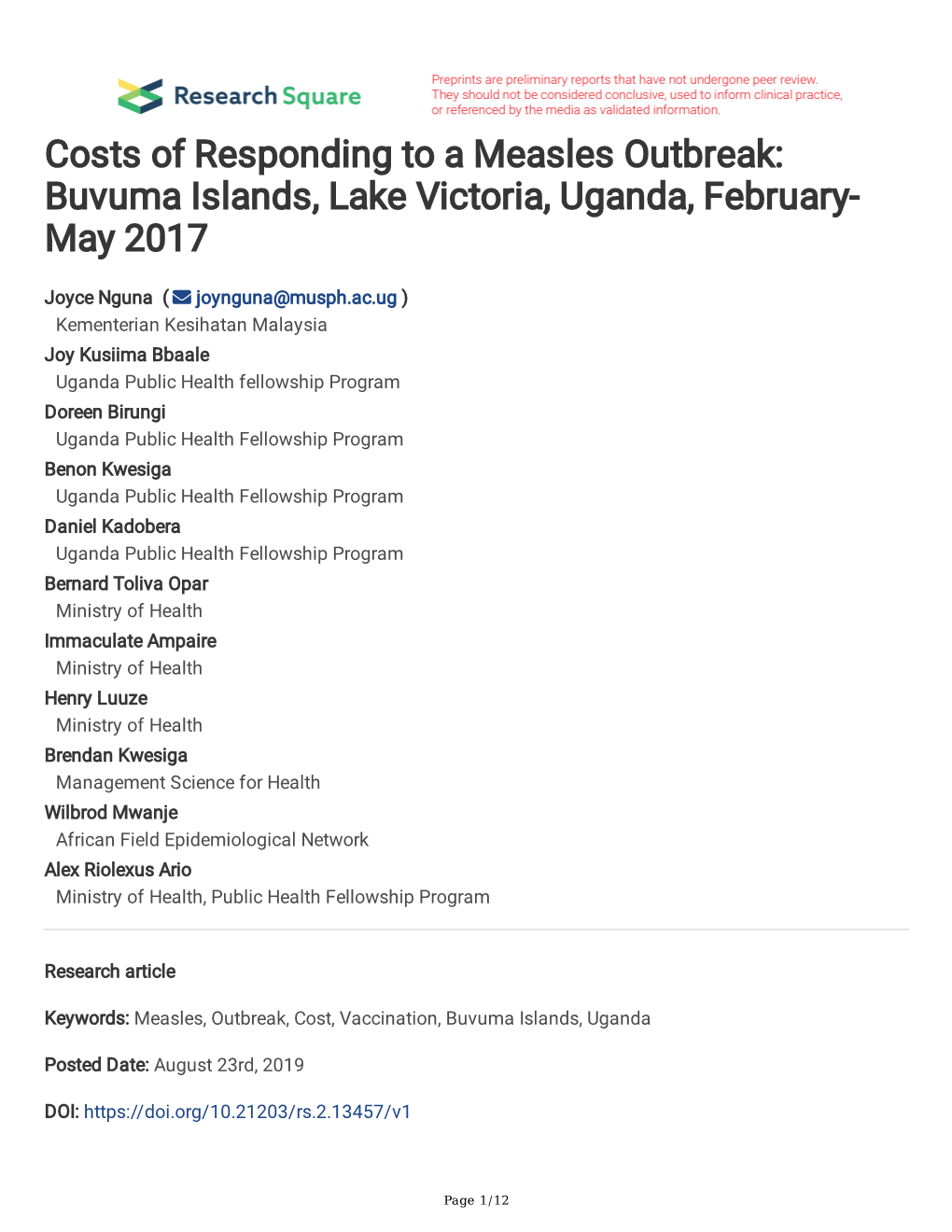 Costs of Responding to a Measles Outbreak: Buvuma Islands, Lake Victoria, Uganda, February- May 2017