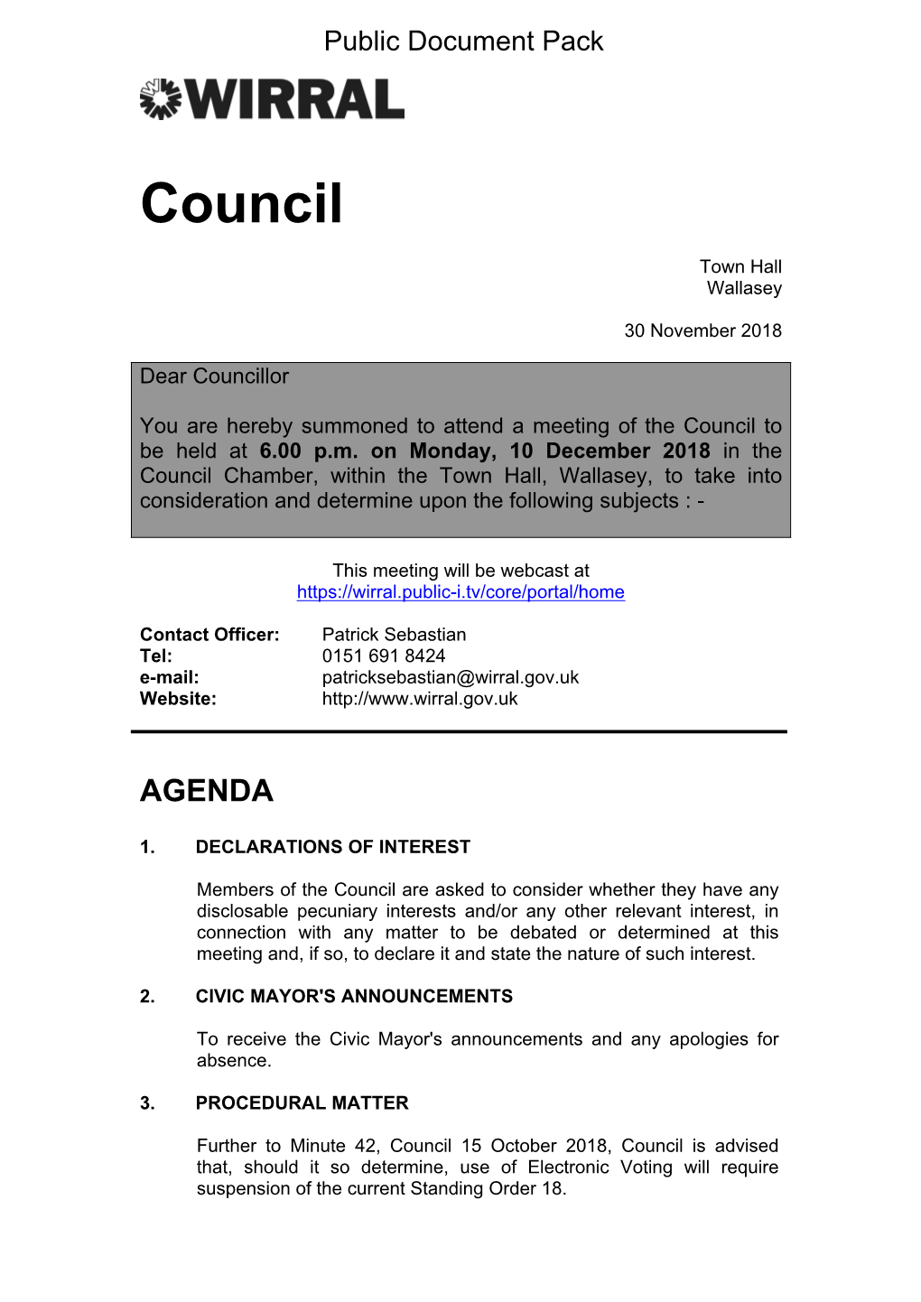 (Public Pack)Agenda Document for Council, 10/12/2018 18:00