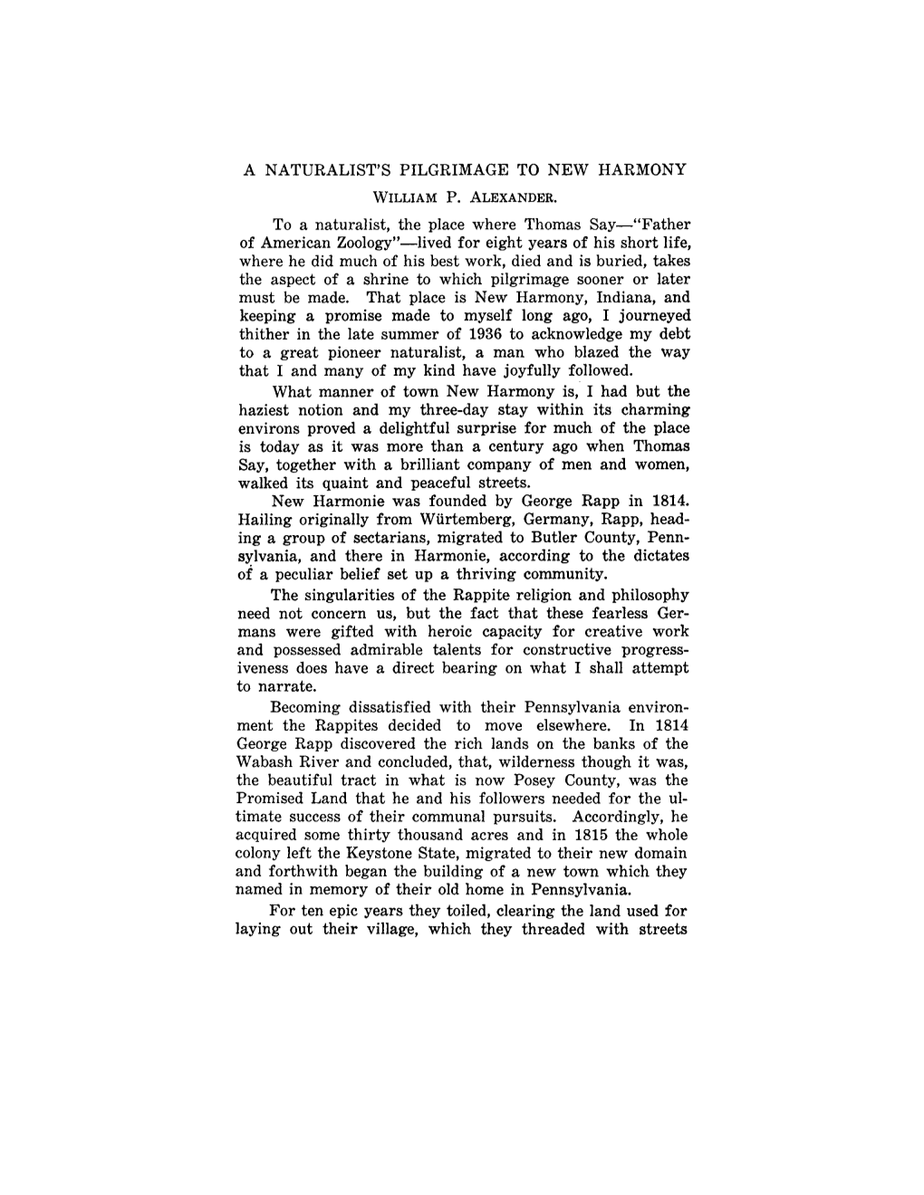 A NATURALIST's PILGRIMAGE to NEW HARMONY WILLIAM P. ALEXANDER. to a Naturalist, the Place Where Thomas Say-“Father of Americ