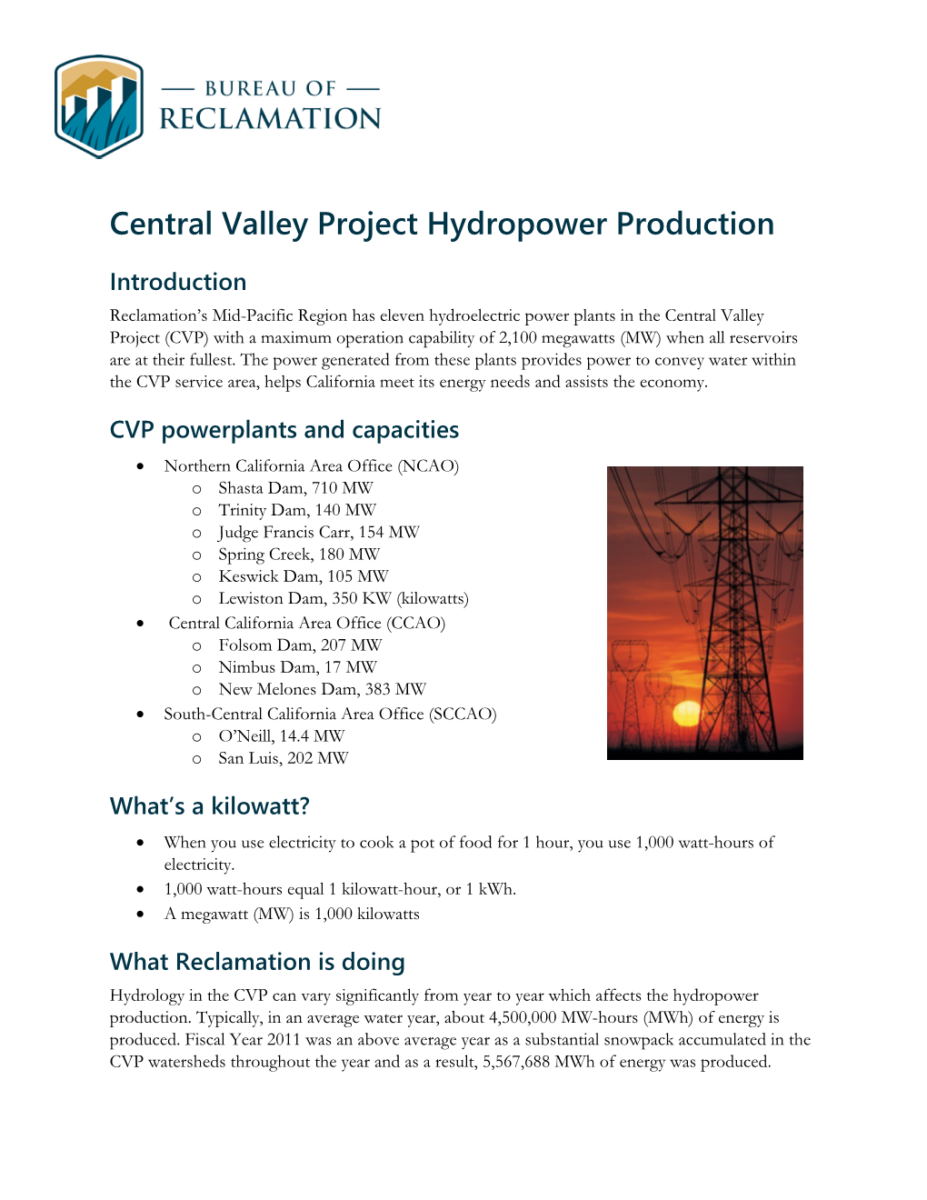 Central Valley Project Hydropower Production