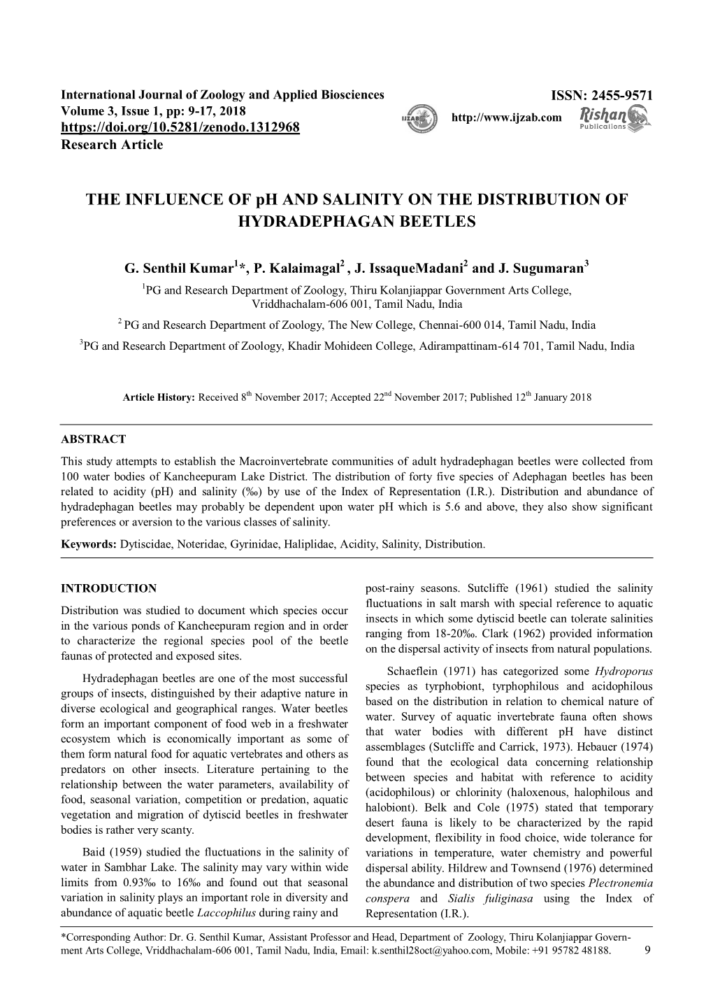 THE INFLUENCE of Ph and SALINITY on the DISTRIBUTION of HYDRADEPHAGAN BEETLES