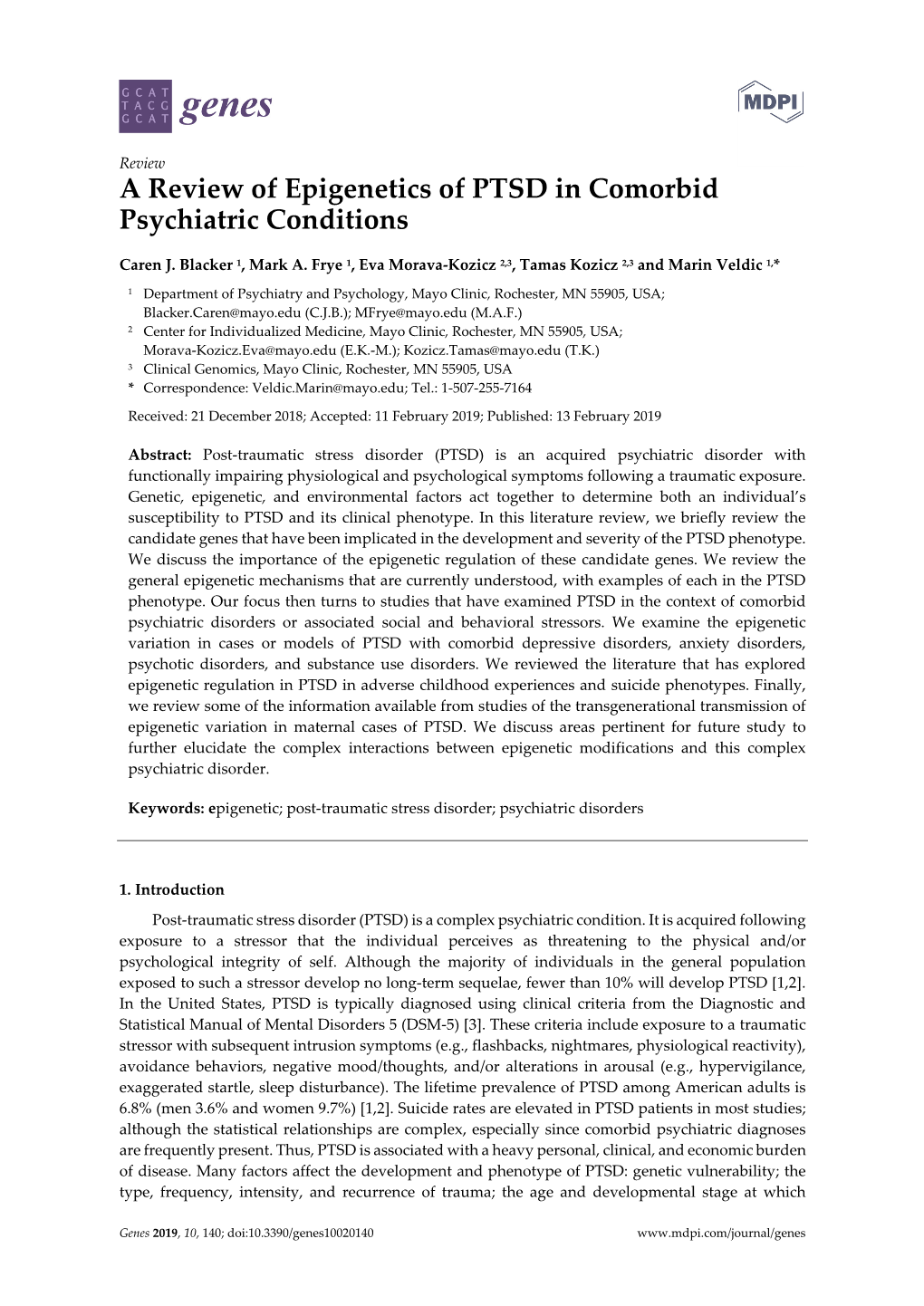 A Review of Epigenetics of PTSD in Comorbid Psychiatric Conditions