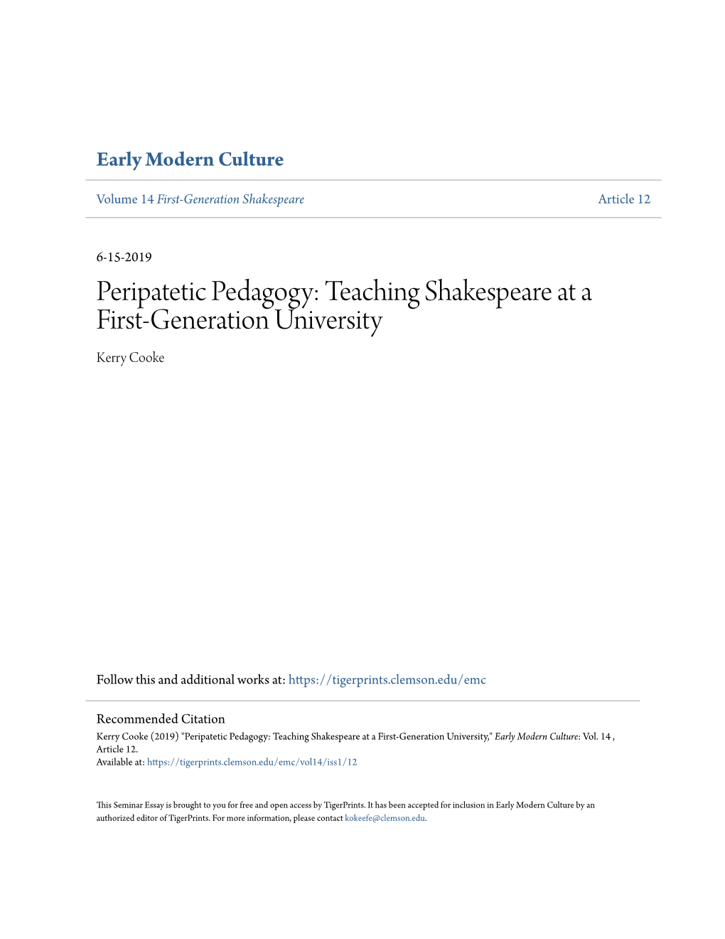 Teaching Shakespeare at a First-Generation University Kerry Cooke