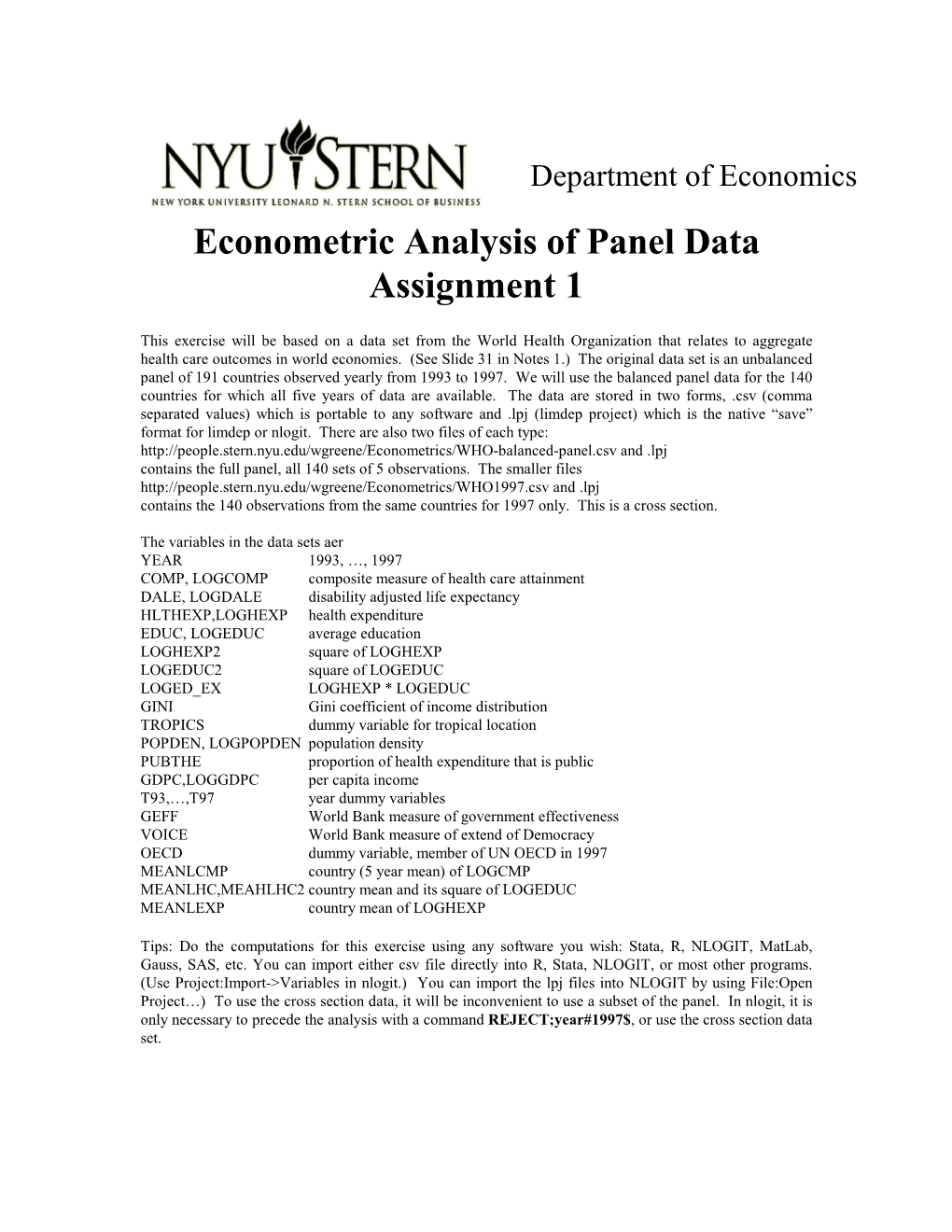 Econometric Analysis of Panel Data Assignment 1