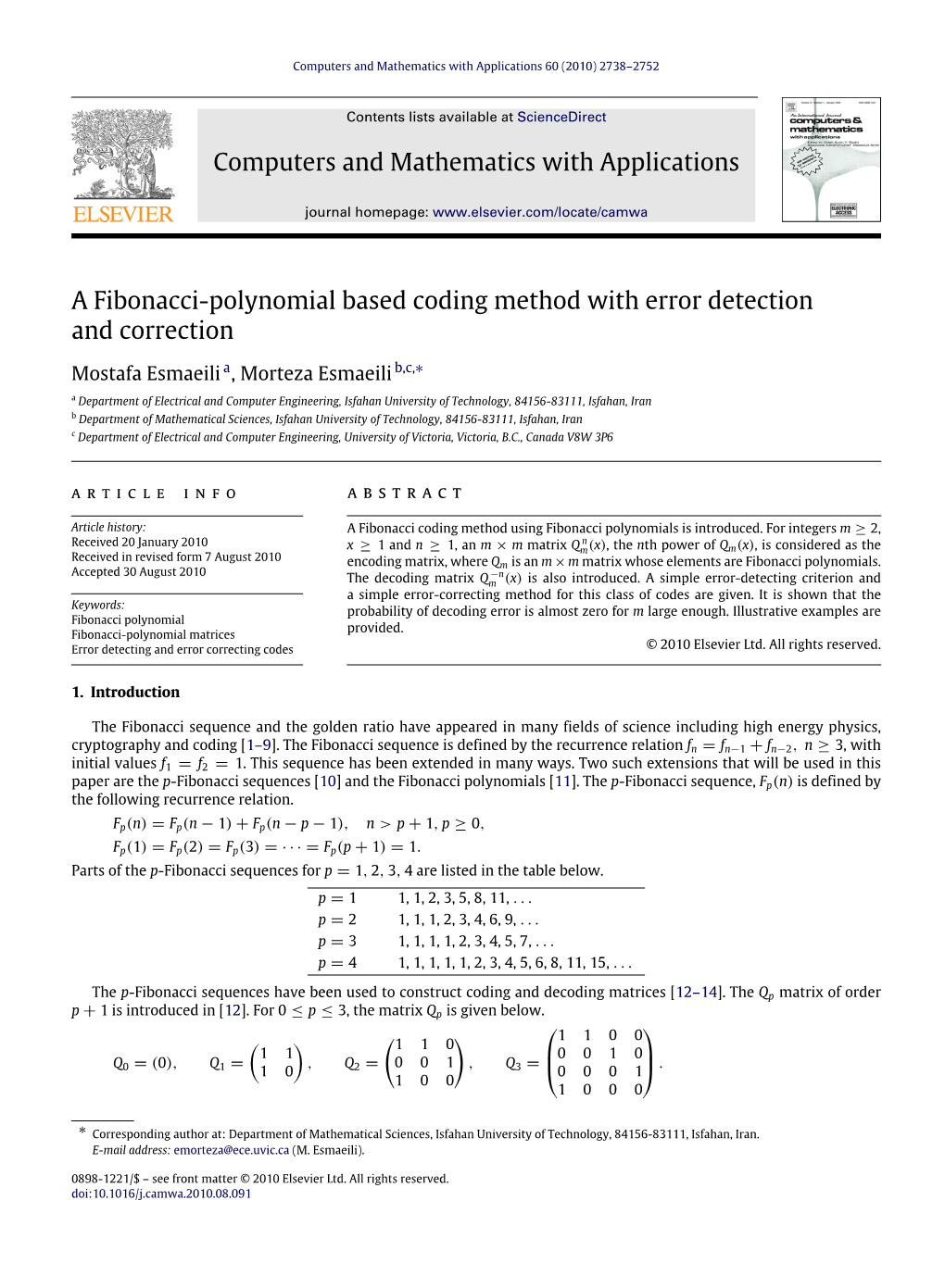 A Fibonacci-Polynomial Based Coding Method with Error Detection and Correction