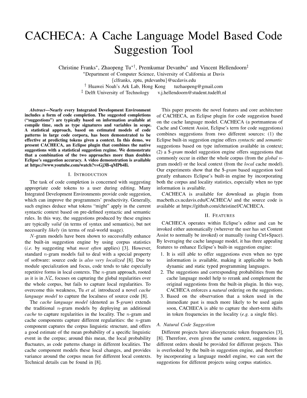 CACHECA: a Cache Language Model Based Code Suggestion Tool