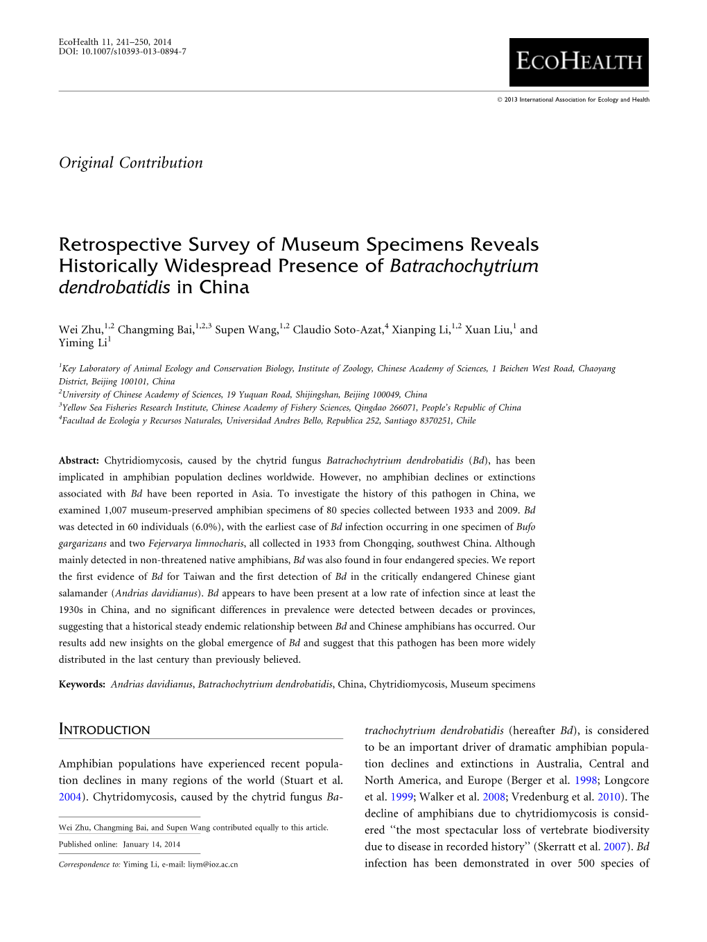 Retrospective Survey of Museum Specimens Reveals Historically Widespread Presence of Batrachochytrium Dendrobatidis in China