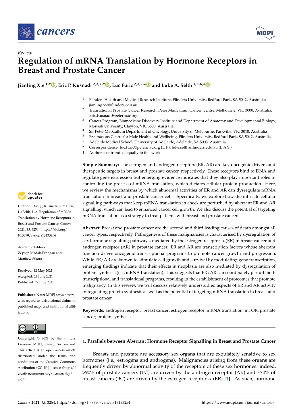 Regulation of Mrna Translation by Hormone Receptors in Breast and Prostate Cancer