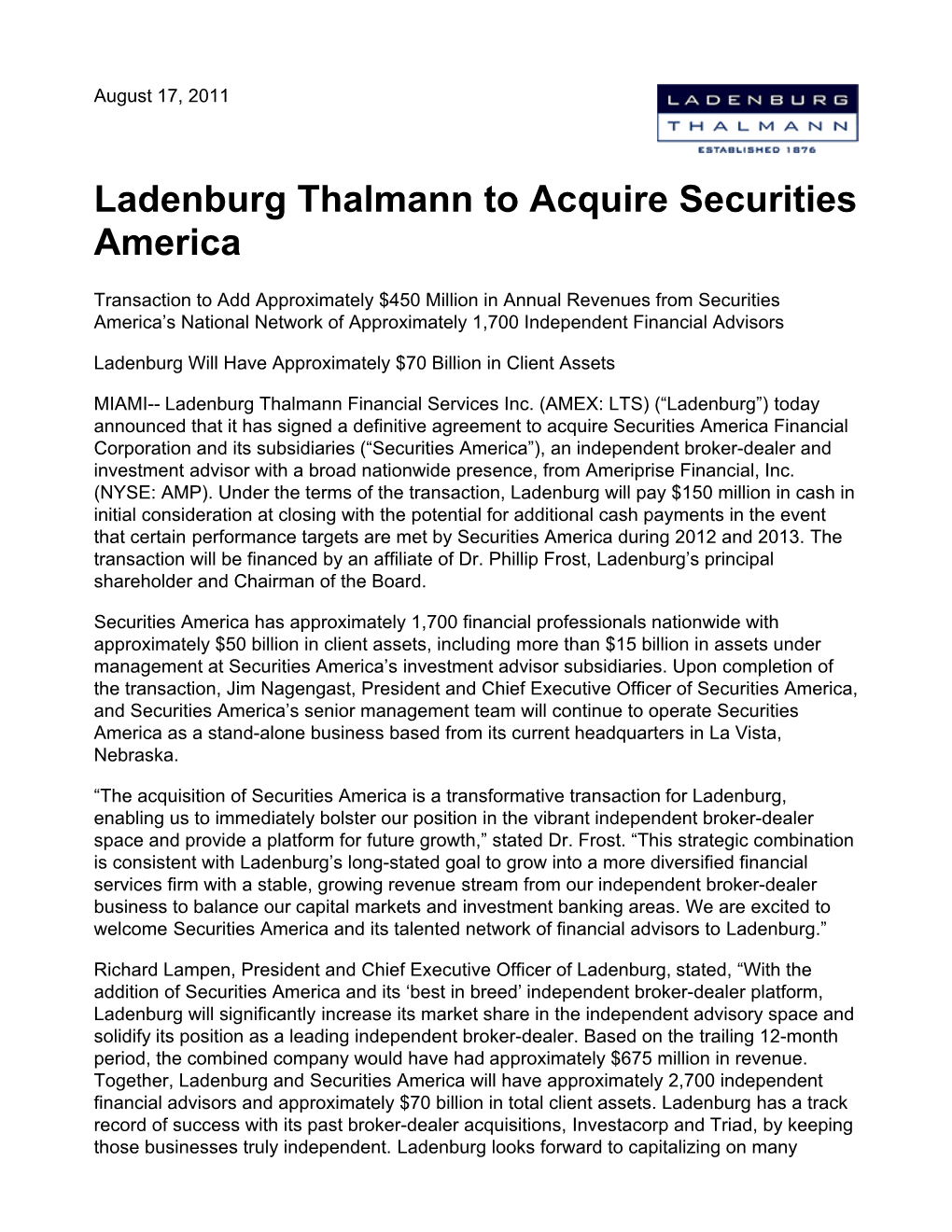 Ladenburg Thalmann to Acquire Securities America